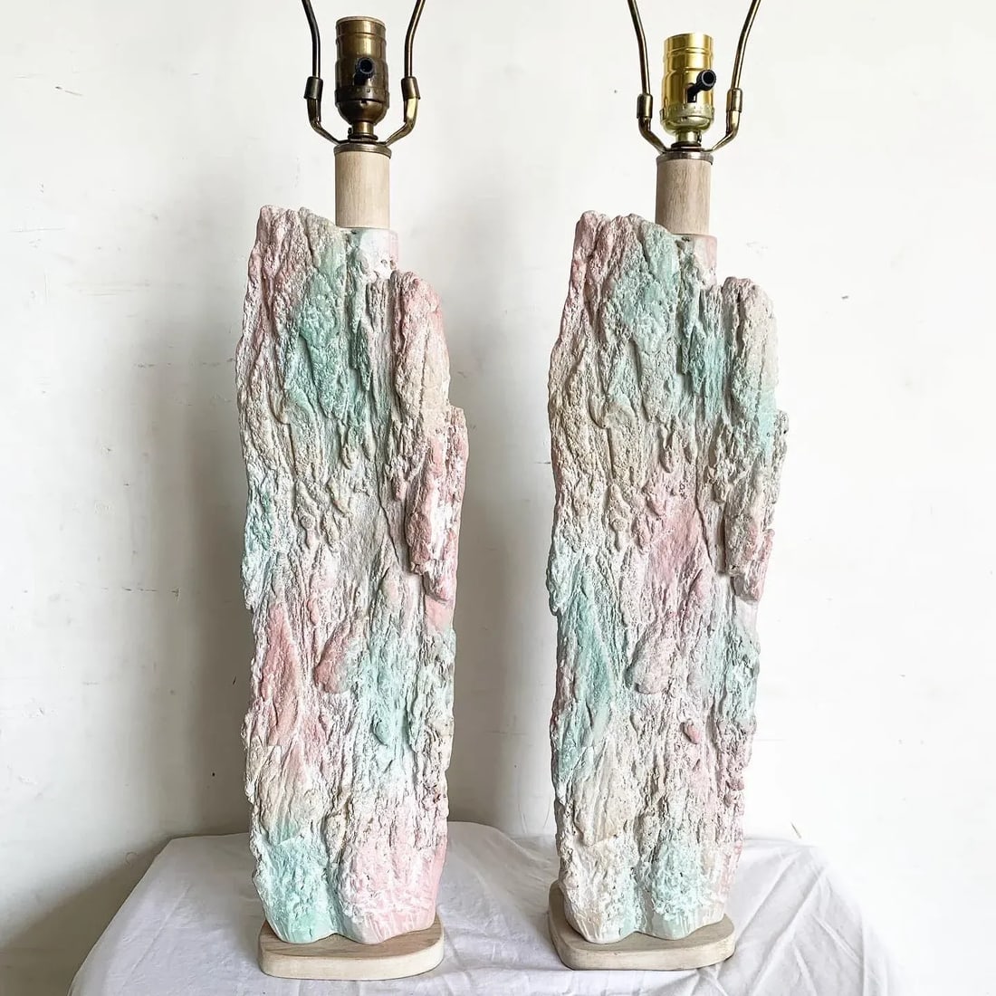 Postmodern Brutalist Pink and Green Faux Stone Three Way Table Lamps - a Pair - 4