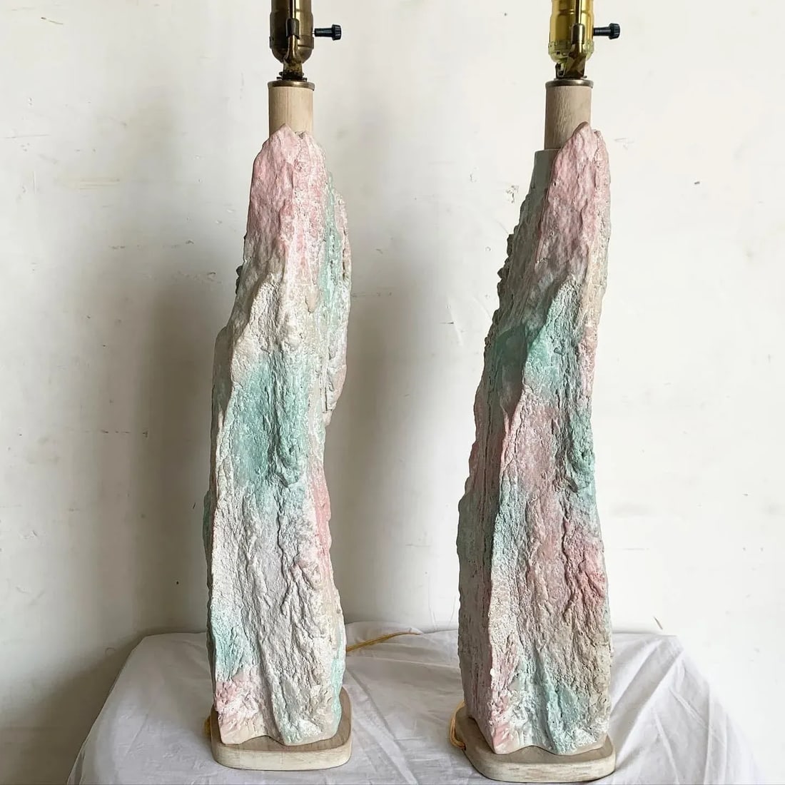 Postmodern Brutalist Pink and Green Faux Stone Three Way Table Lamps - a Pair - 5
