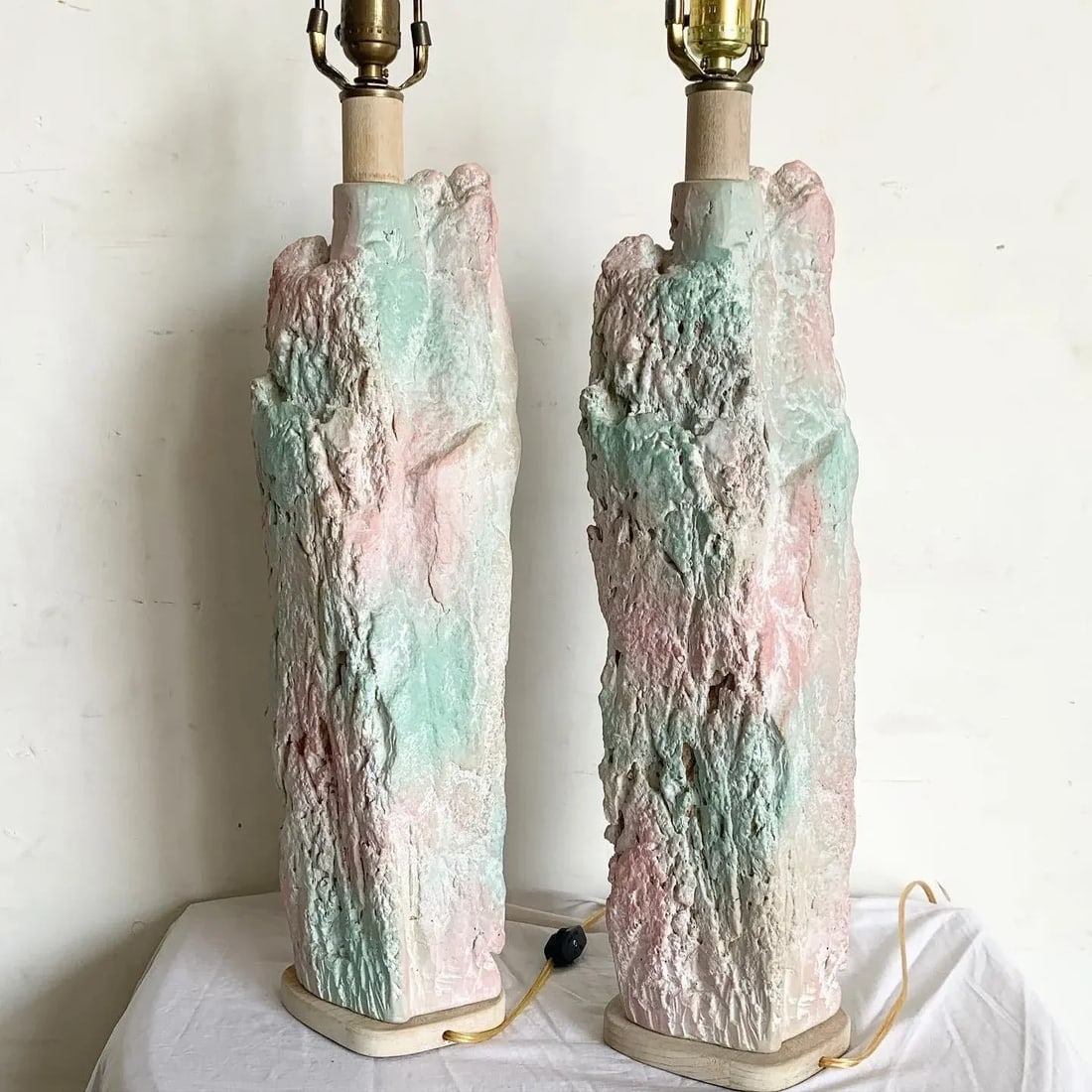 Postmodern Brutalist Pink and Green Faux Stone Three Way Table Lamps - a Pair - 6