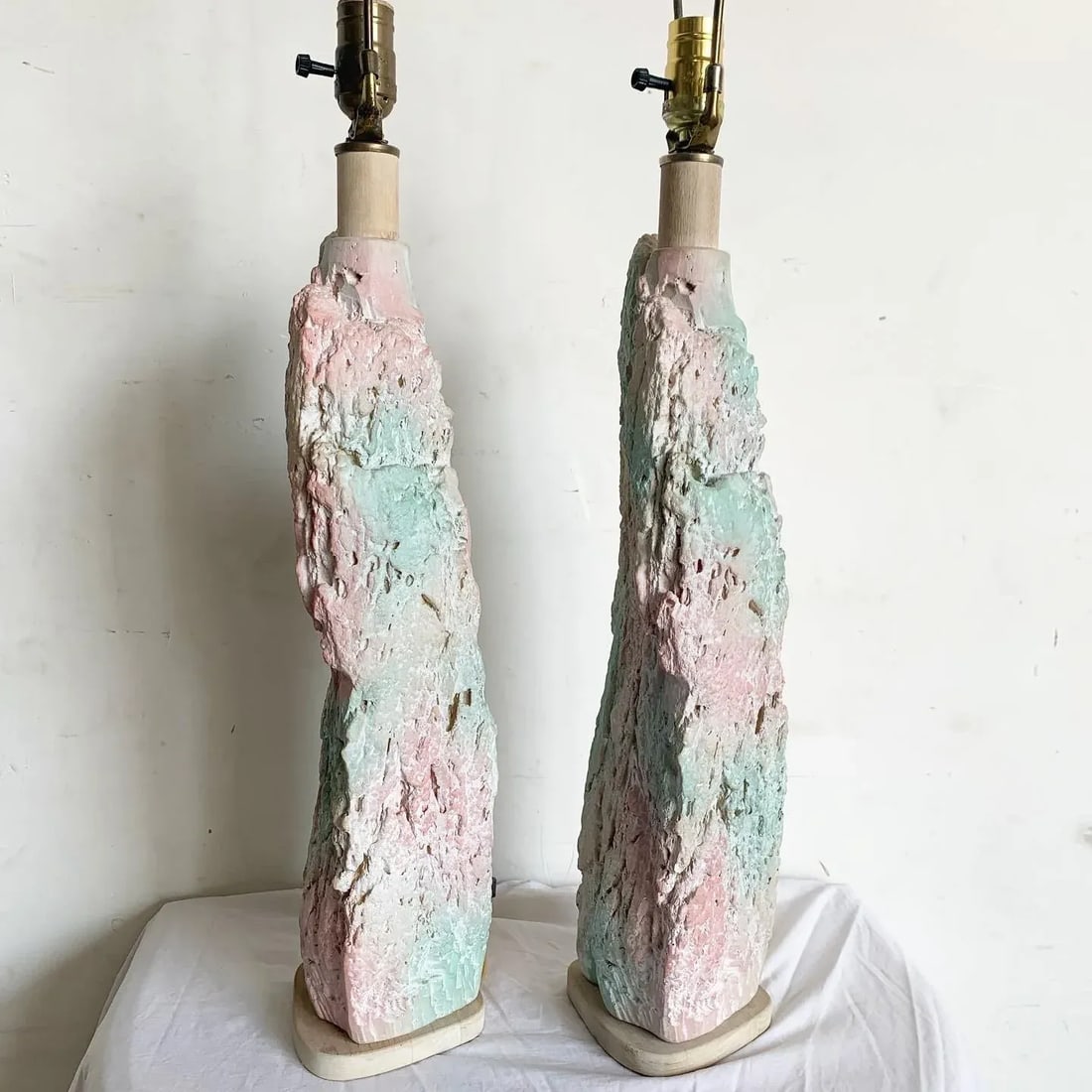 Postmodern Brutalist Pink and Green Faux Stone Three Way Table Lamps - a Pair - 7