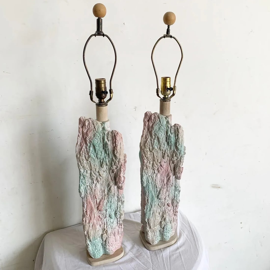 Postmodern Brutalist Pink and Green Faux Stone Three Way Table Lamps - a Pair - 9