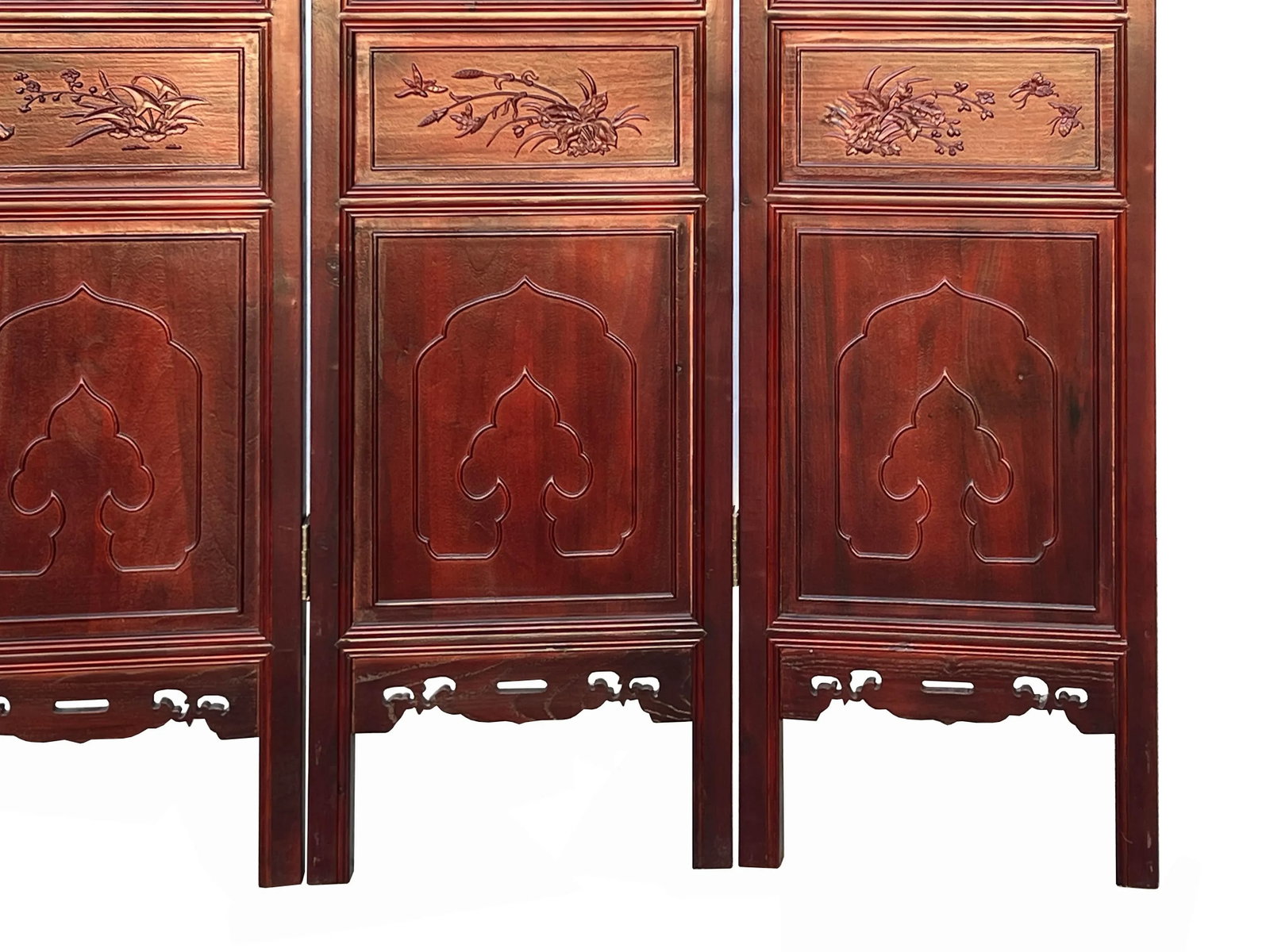 Chinese Brown Stain Geometric Flower Pattern Wood Panel Floor Screen - 10
