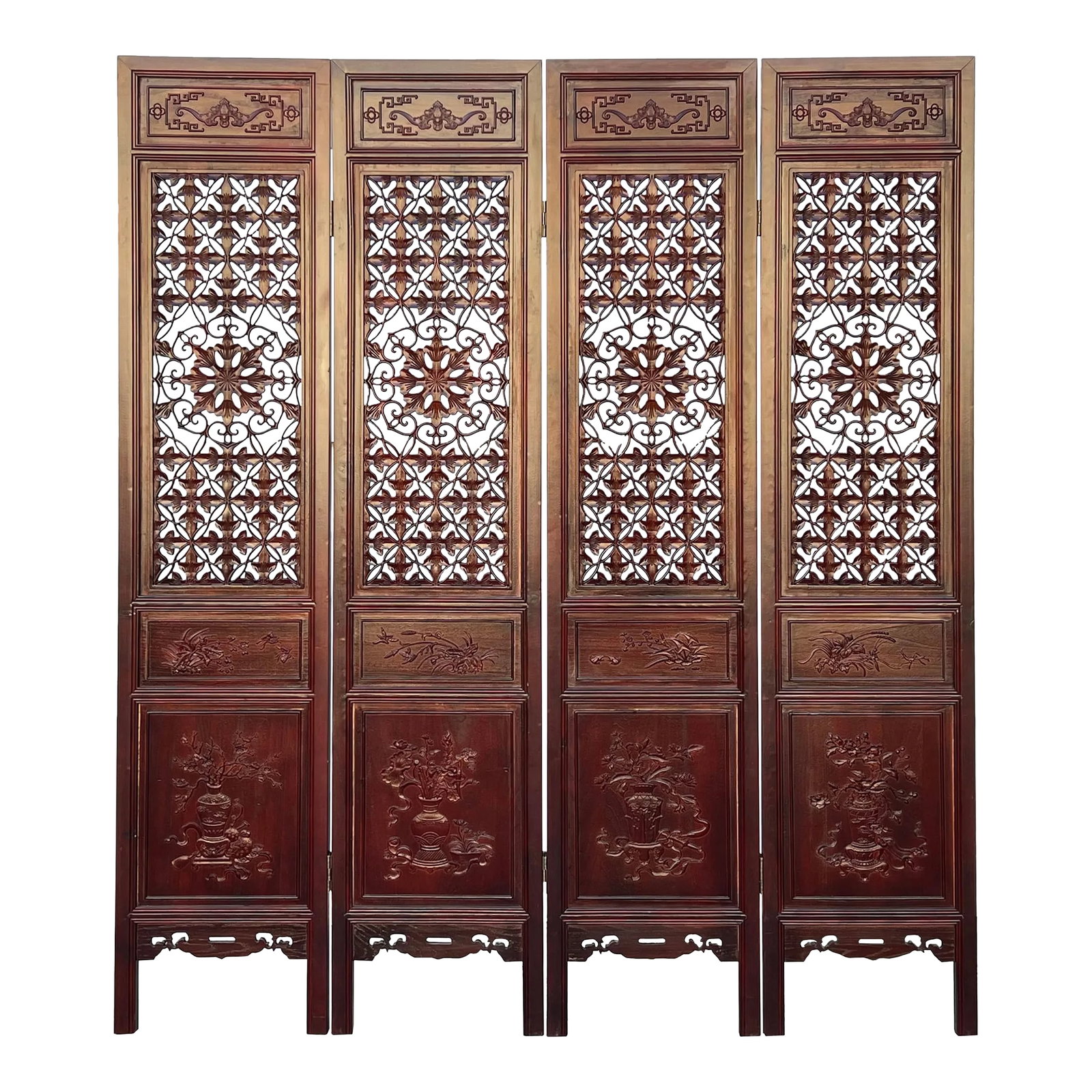 Chinese Brown Stain Geometric Flower Pattern Wood Panel Floor Screen: The Chinese Brown Stain Geometric Flower Pattern Wood Panel Floor Screen is a captivating and exquisitely crafted piece of decorative furniture that seamlessly blends traditional Chinese design elemen