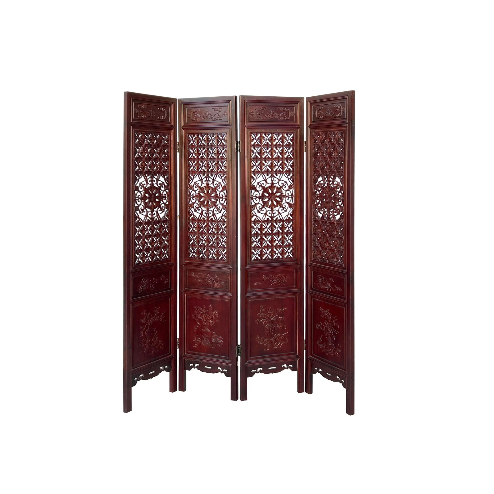 Chinese Brown Stain Geometric Flower Pattern Wood Panel Floor Screen - 2