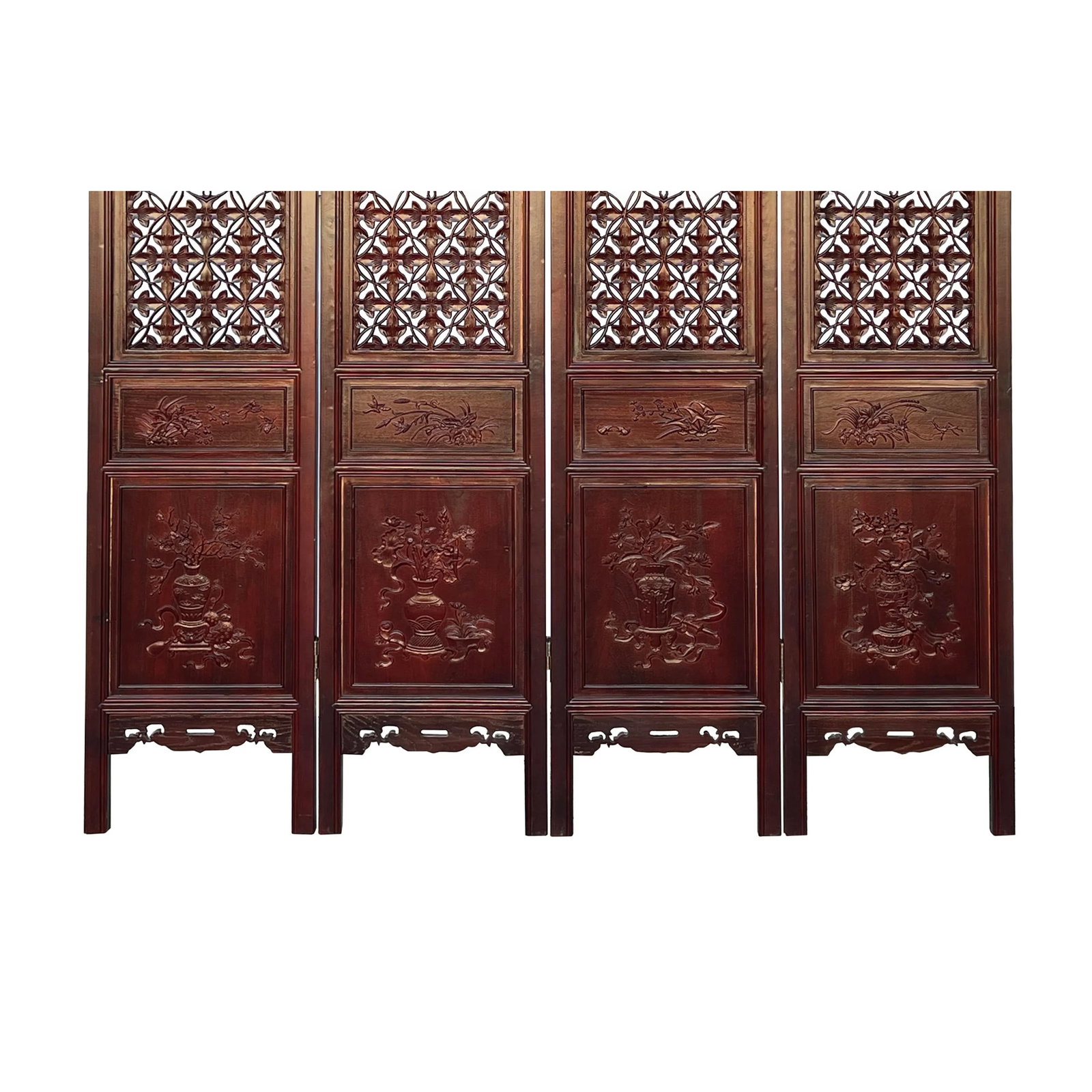 Chinese Brown Stain Geometric Flower Pattern Wood Panel Floor Screen - 3