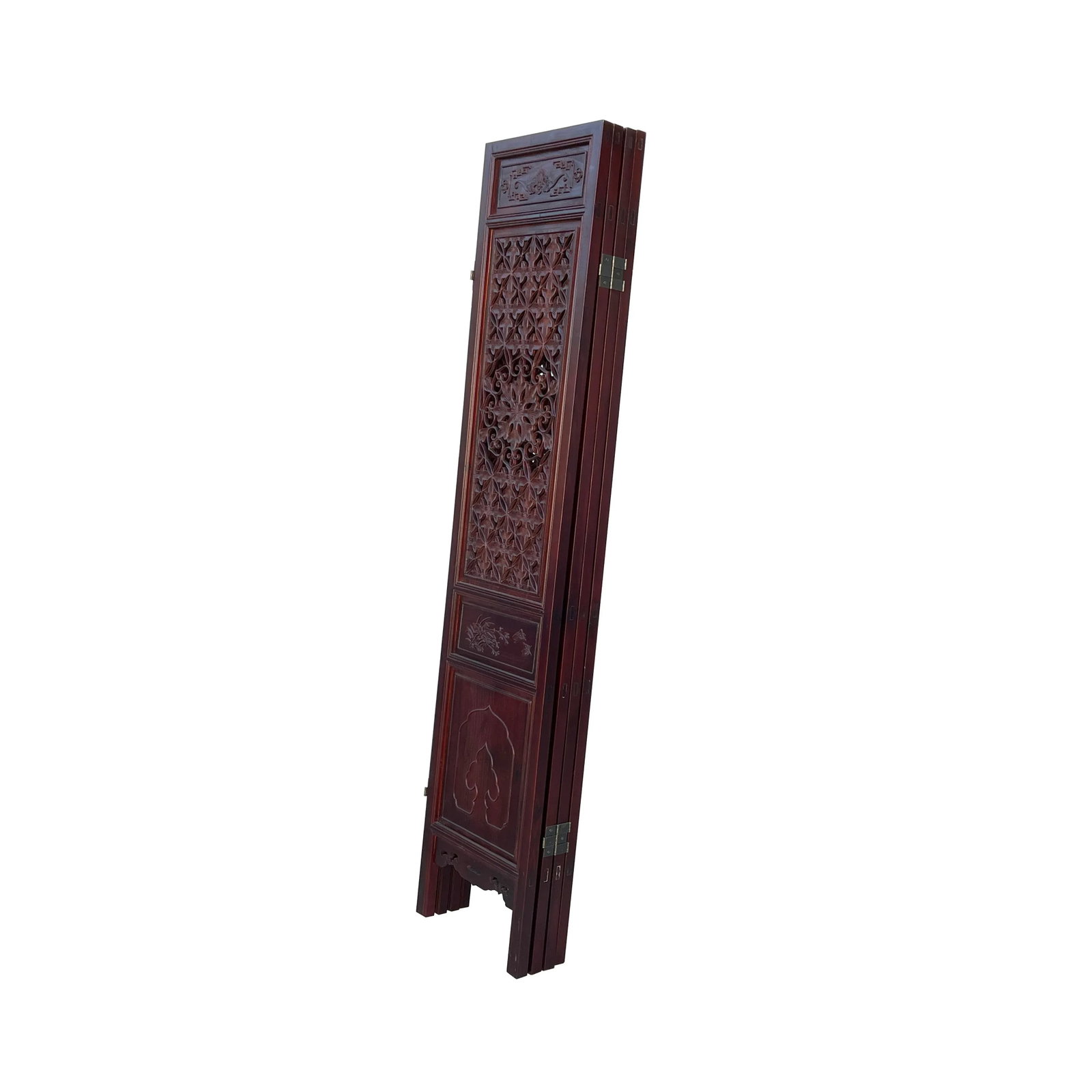 Chinese Brown Stain Geometric Flower Pattern Wood Panel Floor Screen - 4