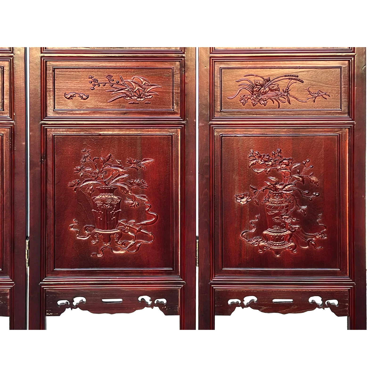 Chinese Brown Stain Geometric Flower Pattern Wood Panel Floor Screen - 5