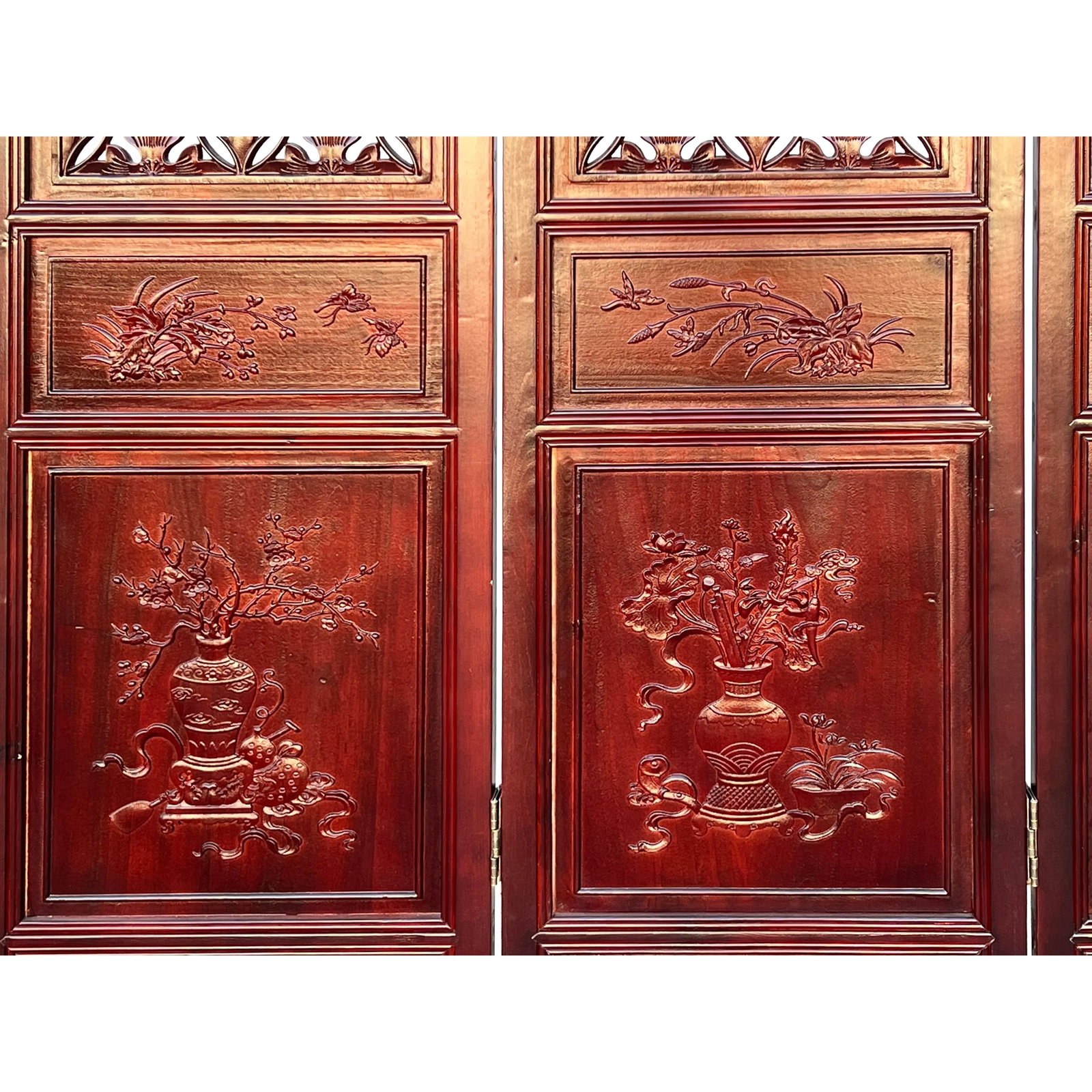 Chinese Brown Stain Geometric Flower Pattern Wood Panel Floor Screen - 6