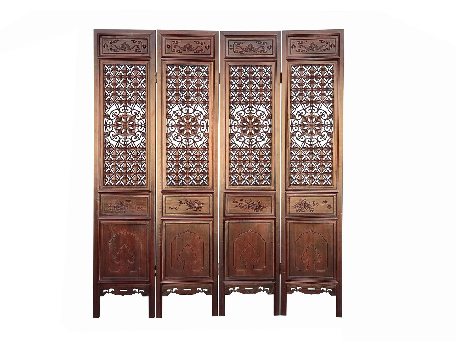 Chinese Brown Stain Geometric Flower Pattern Wood Panel Floor Screen - 7