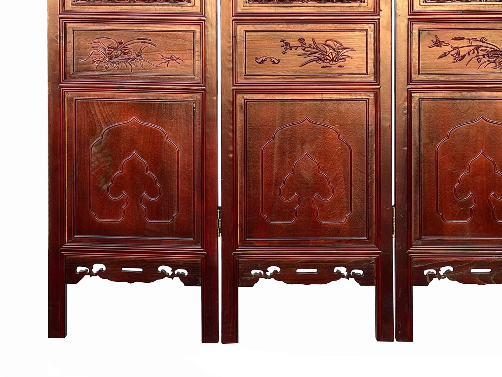 Chinese Brown Stain Geometric Flower Pattern Wood Panel Floor Screen - 8
