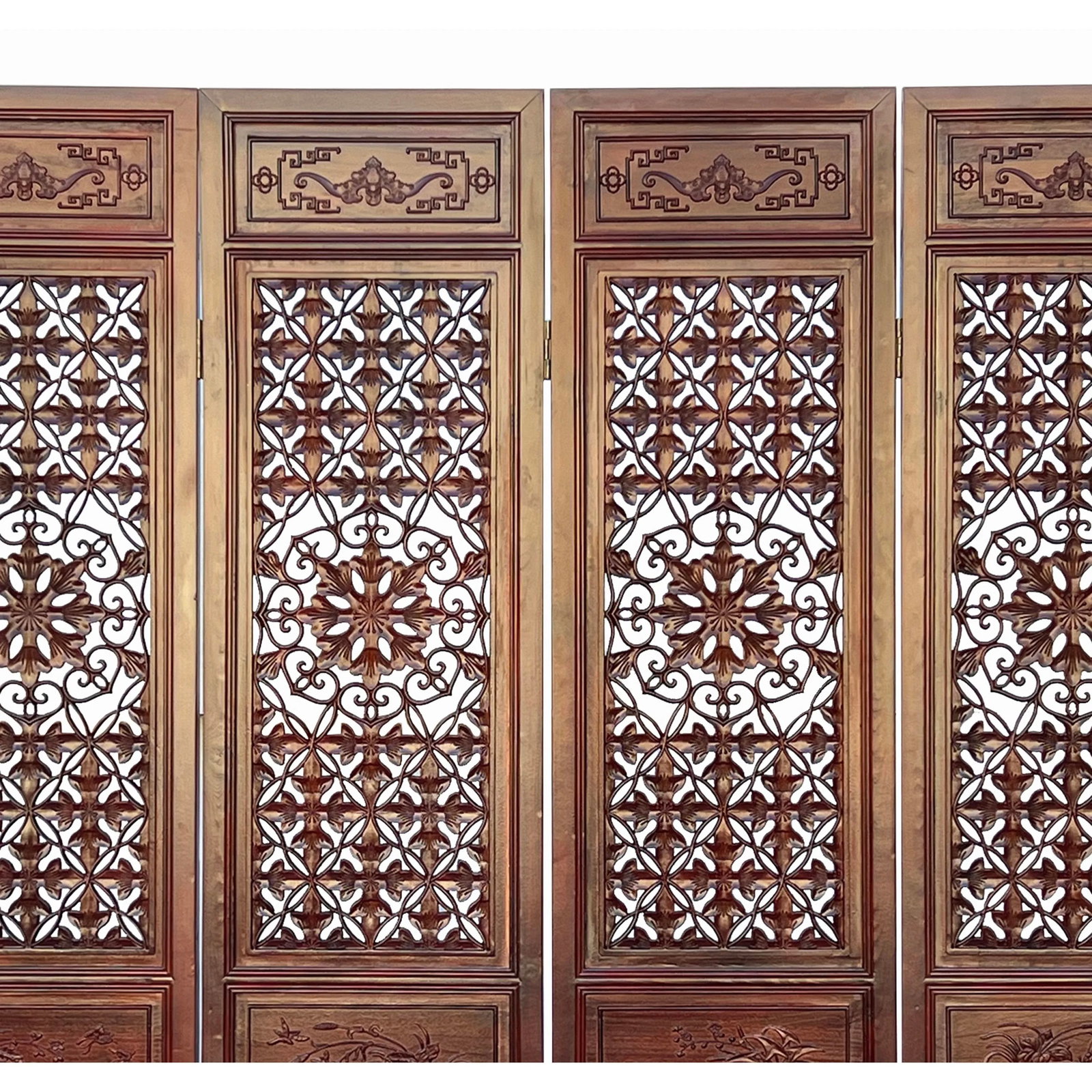 Chinese Brown Stain Geometric Flower Pattern Wood Panel Floor Screen - 9