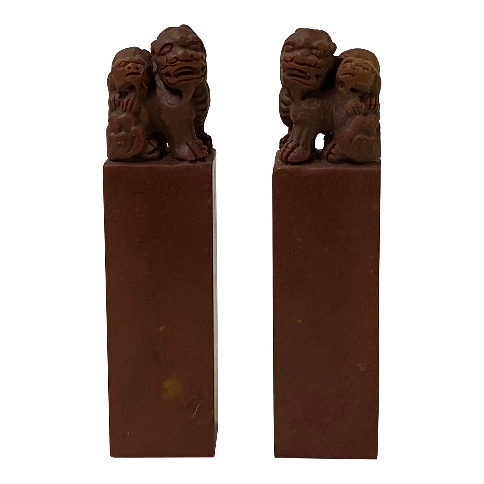 Pair Chinese Soap Stone Carved Foo Dogs Seal Stamp Display (1 of 8)