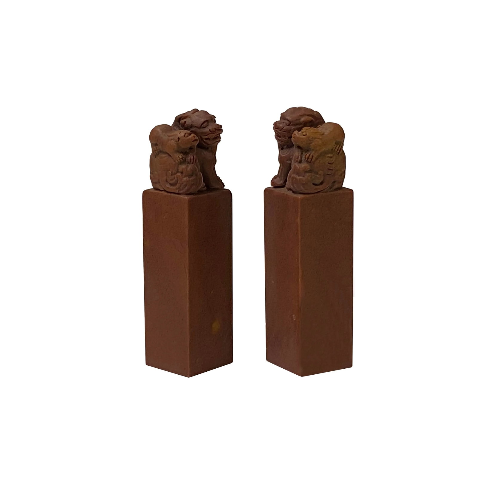Pair Chinese Soap Stone Carved Foo Dogs Seal Stamp Display - 3