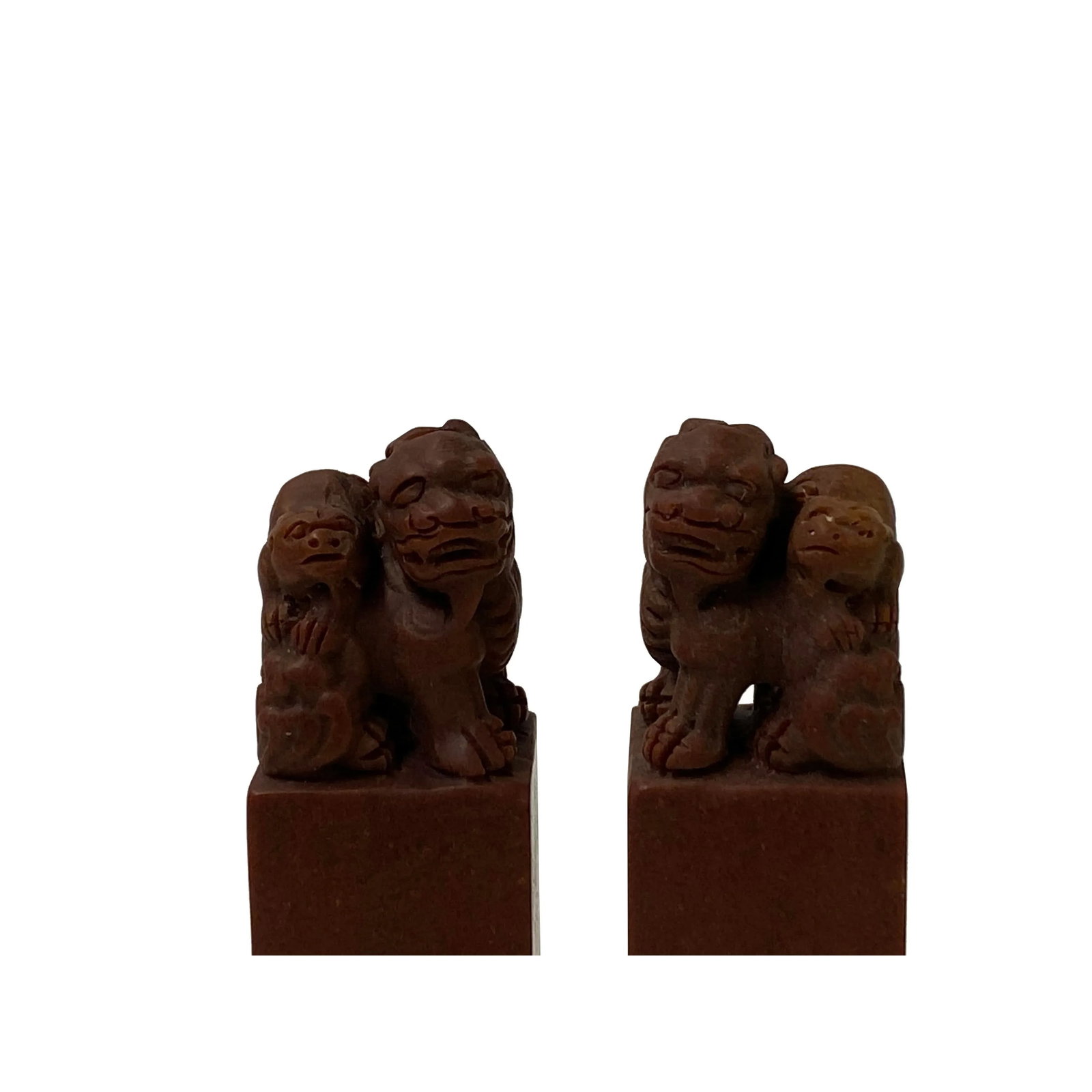 Pair Chinese Soap Stone Carved Foo Dogs Seal Stamp Display - 6