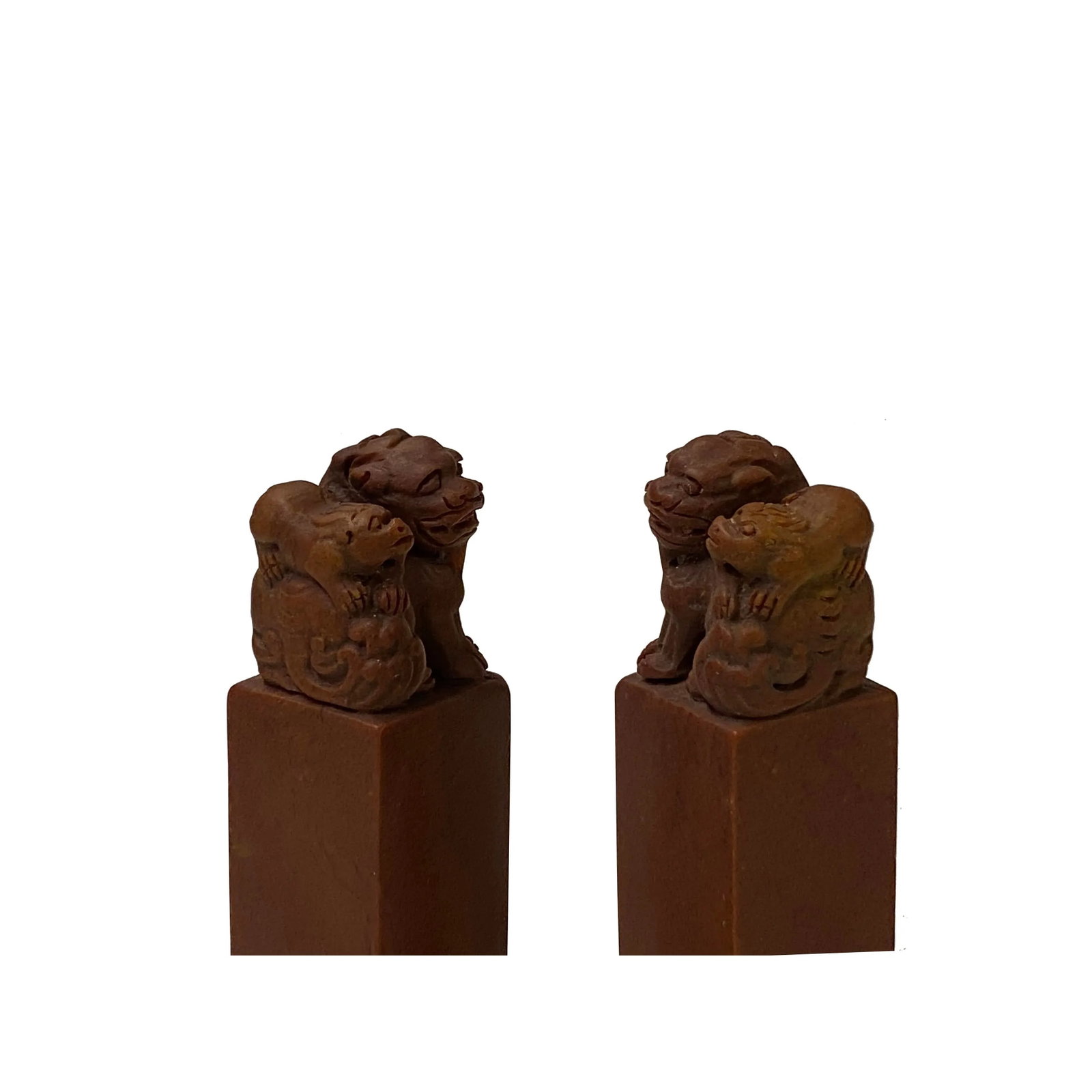 Pair Chinese Soap Stone Carved Foo Dogs Seal Stamp Display - 7