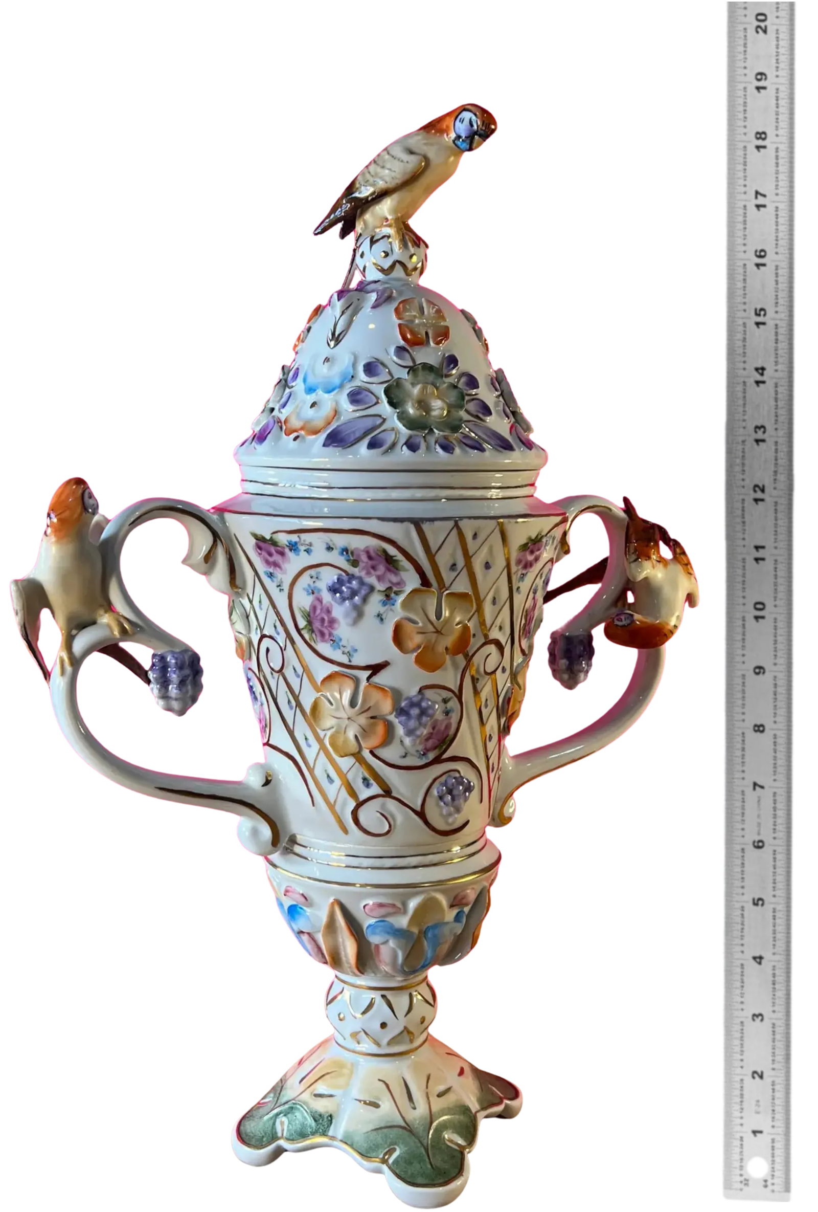 Vintage Porfin Cluj-Napoca, Romania Majolica Urn With Three Figural Parakeets - 16