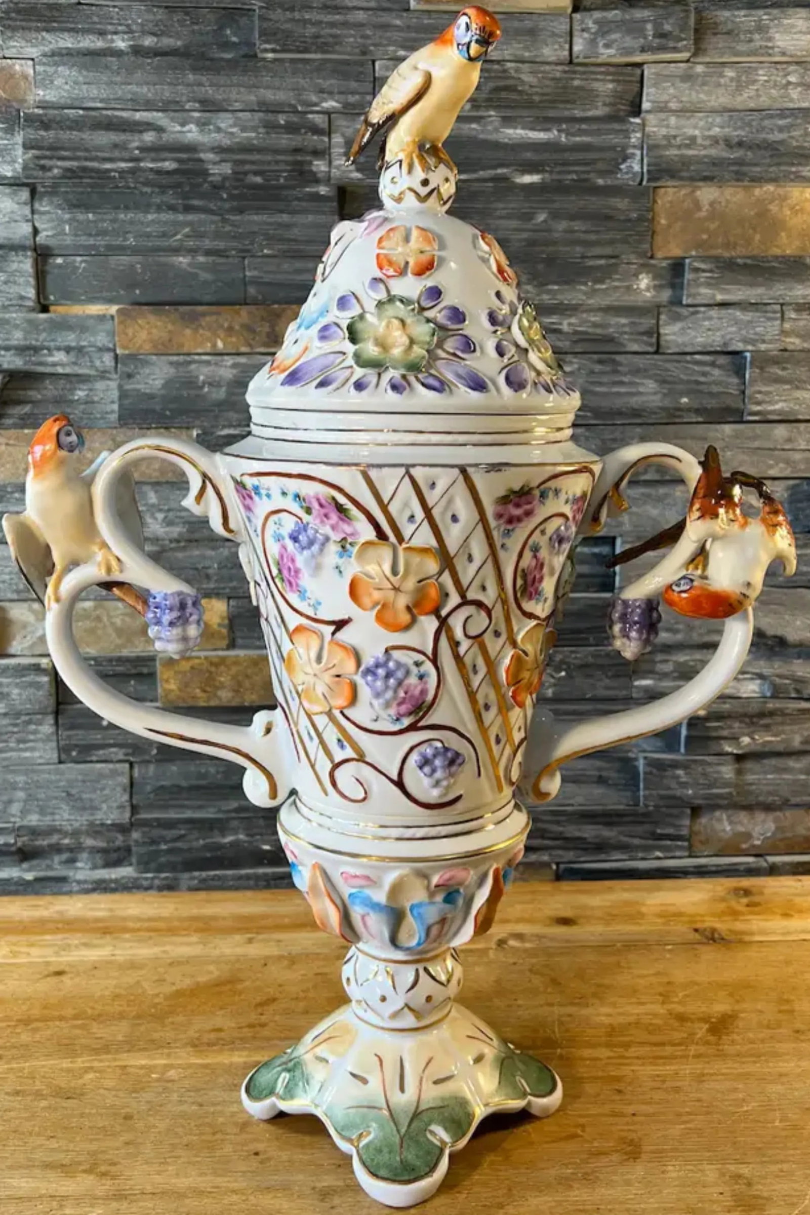 Vintage Porfin Cluj-Napoca, Romania Majolica Urn With Three Figural Parakeets - 4