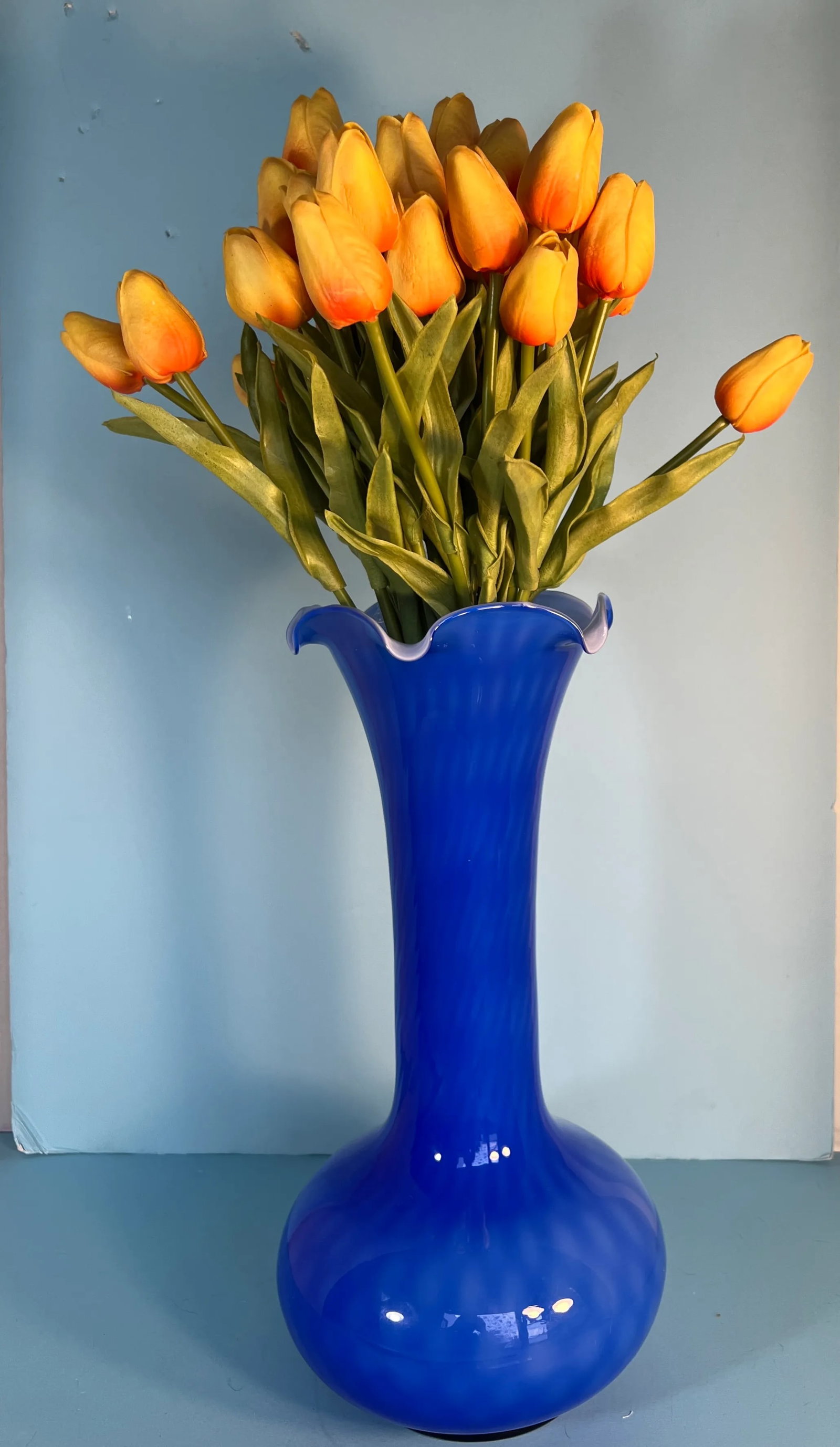 Murano Blue Long Neck Art Glass Vase - 11