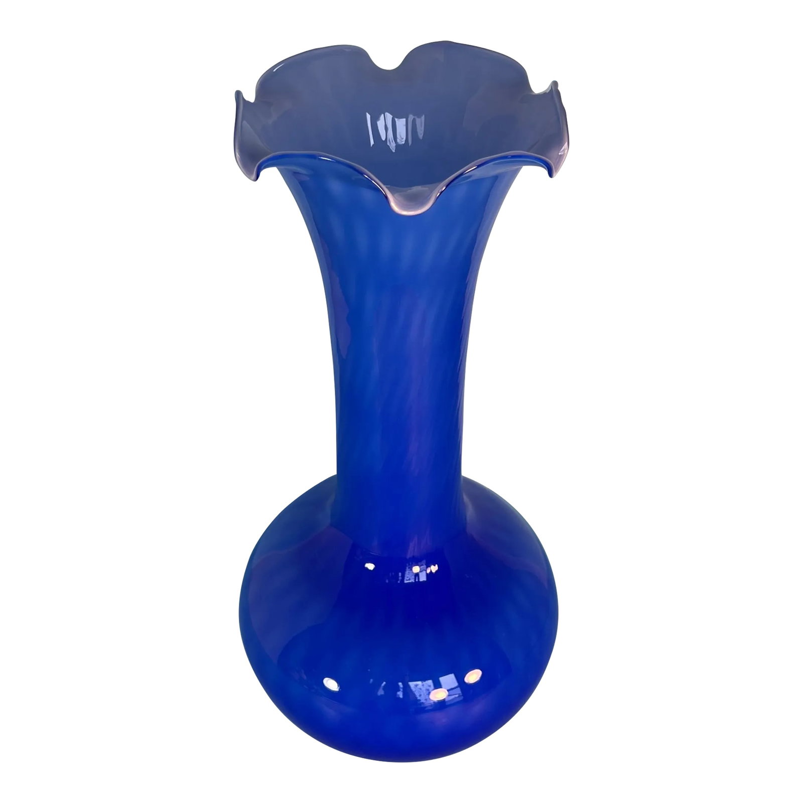 Murano Blue Long Neck Art Glass Vase: This exceptional 14-inch art glass vase was skillfully hand-blown by Murano glass artisans from captivating blue glass. It features a white cased glass interior and showcases an undulating wide lip