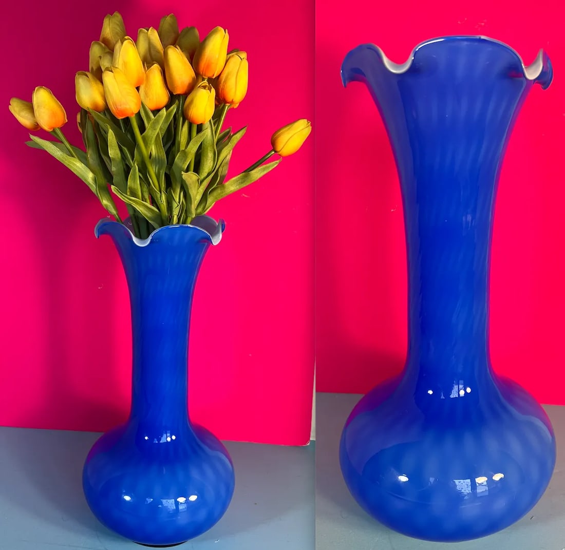 Murano Blue Long Neck Art Glass Vase - 5