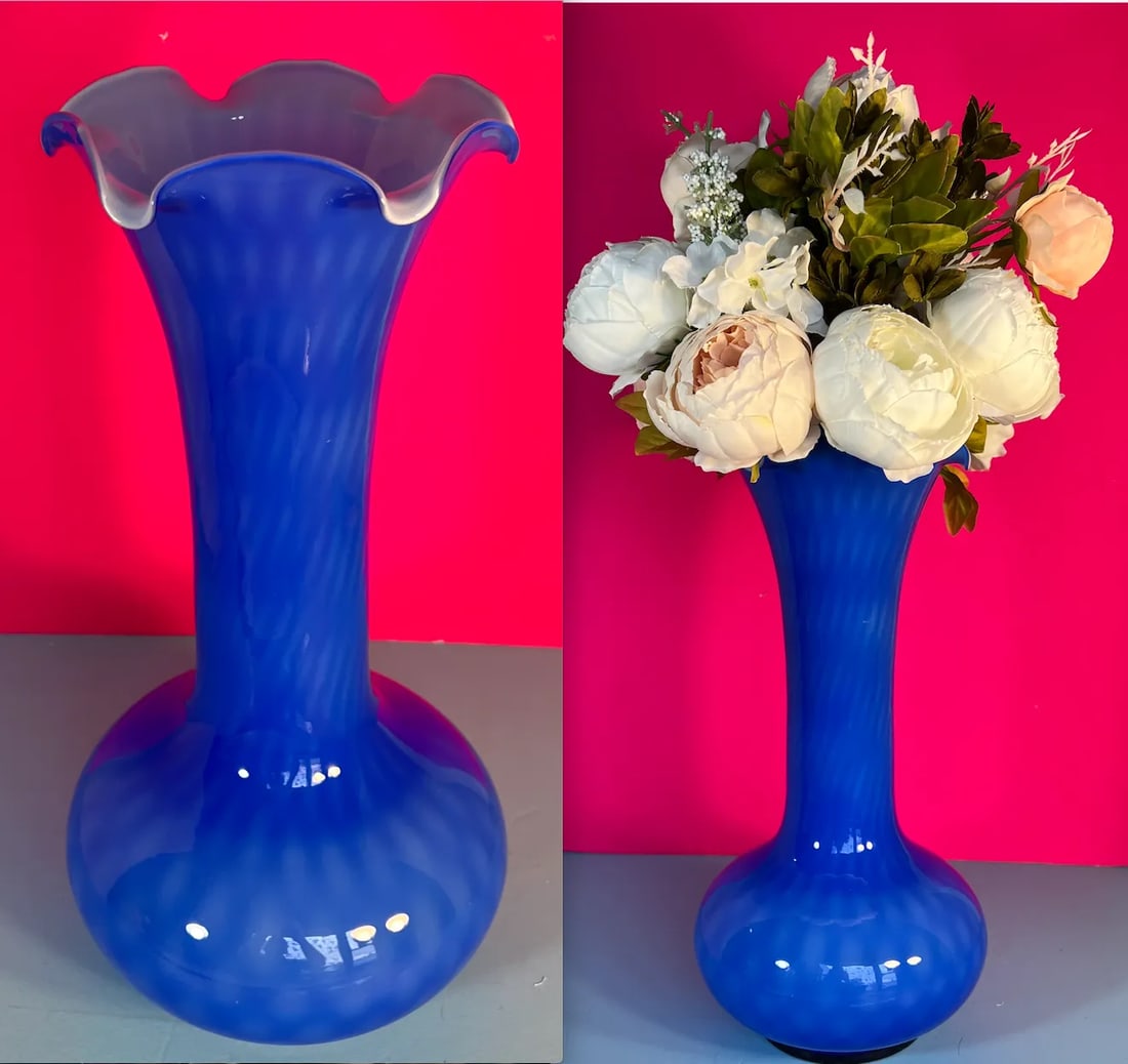 Murano Blue Long Neck Art Glass Vase - 7