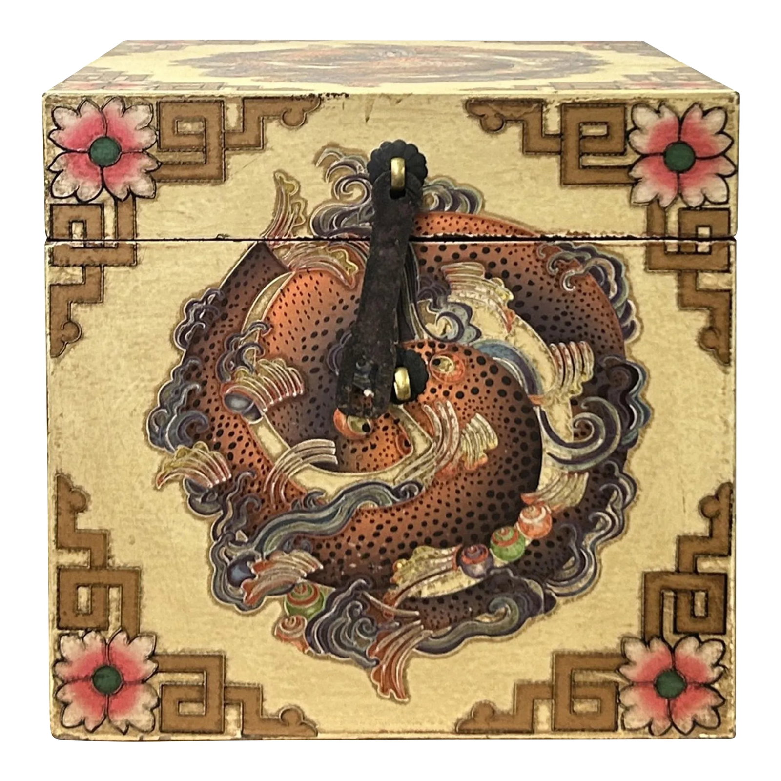Chinese Distressed Beige Cream Double Fishes Graphic Square Shape Box: This is a handmade Chinese accent Chinoiserie decorative box made of wood and finished with a distressed beige cream base color. The surface is a colorful graphic of Tibetan-style treasure fishes and