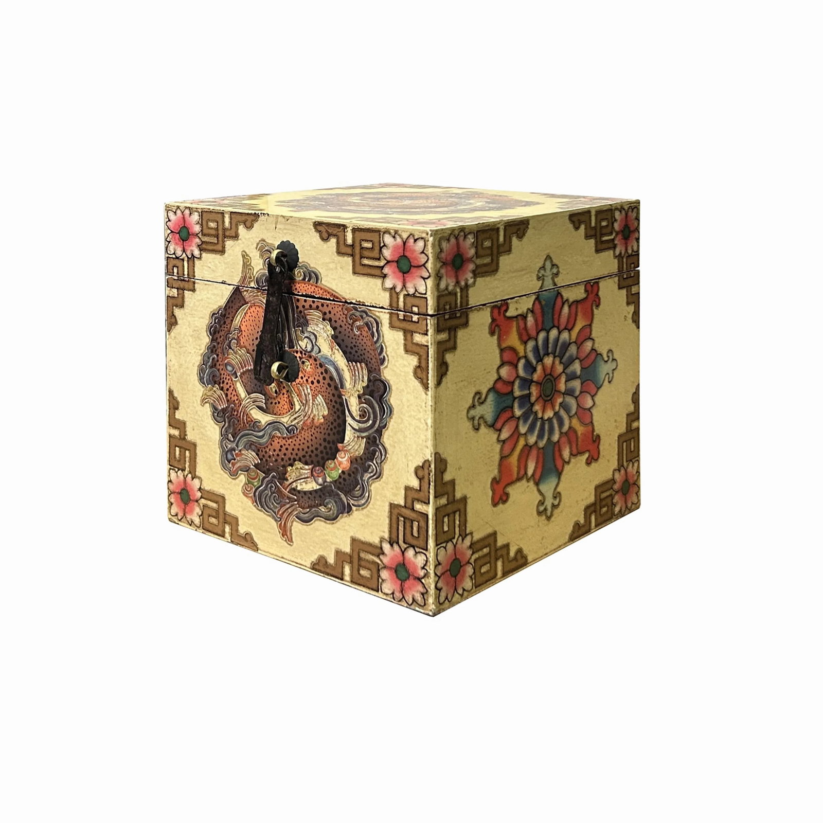 Chinese Distressed Beige Cream Double Fishes Graphic Square Shape Box - 2