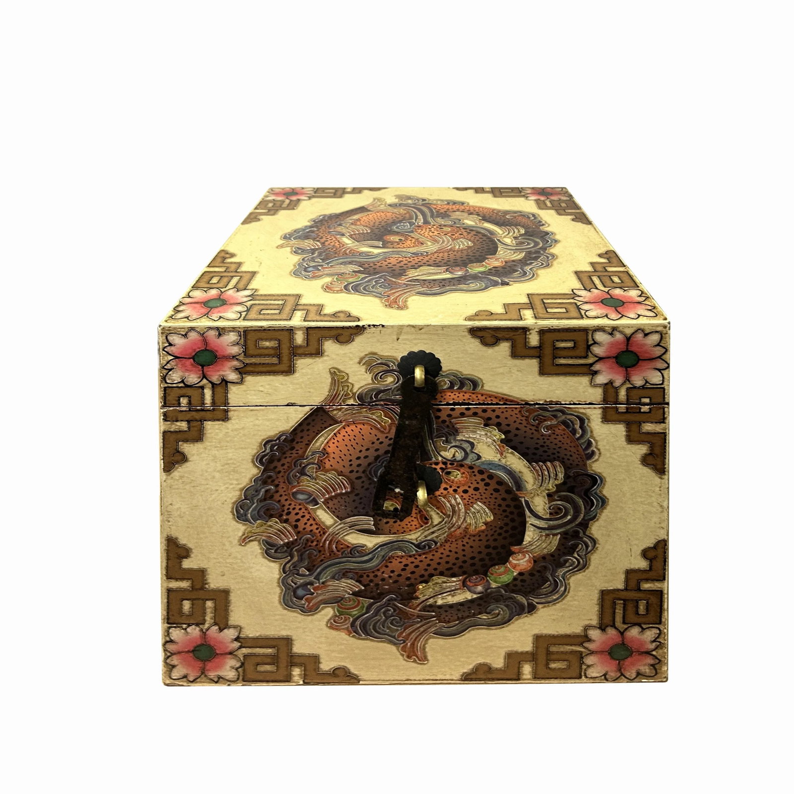Chinese Distressed Beige Cream Double Fishes Graphic Square Shape Box - 3
