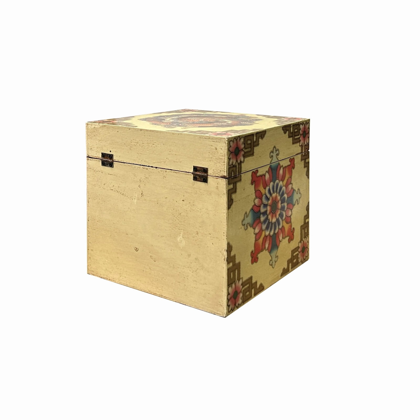 Chinese Distressed Beige Cream Double Fishes Graphic Square Shape Box - 4