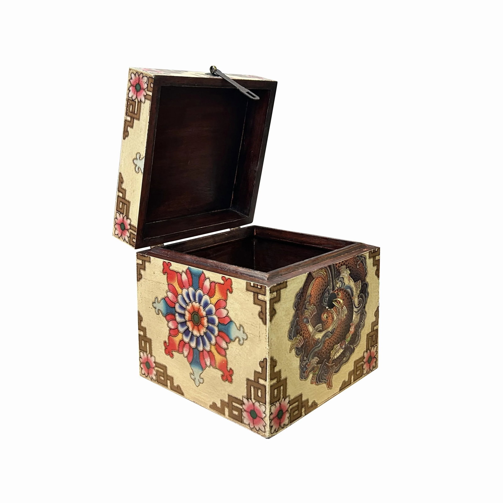 Chinese Distressed Beige Cream Double Fishes Graphic Square Shape Box - 5