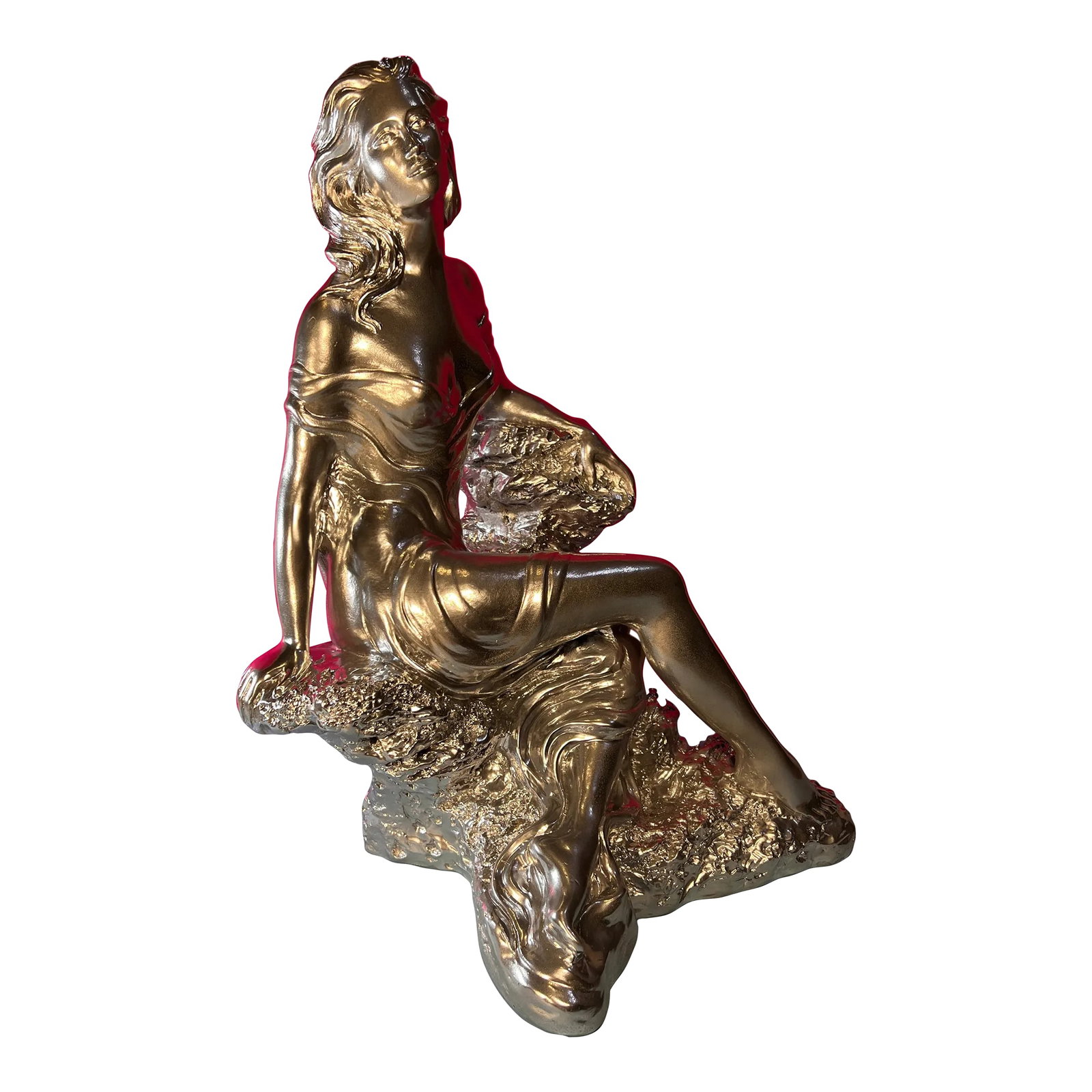 1990 Chrome Tone Sculpture by Alice Heath for Austin Productions Called "Memories": The captivating and magnificent 16-inch tall sculpture, "Memories" , was crafted by the talented artist, Alice Heath, in 1990 for the Austin Productions company. At the heart of the sculpture is a
