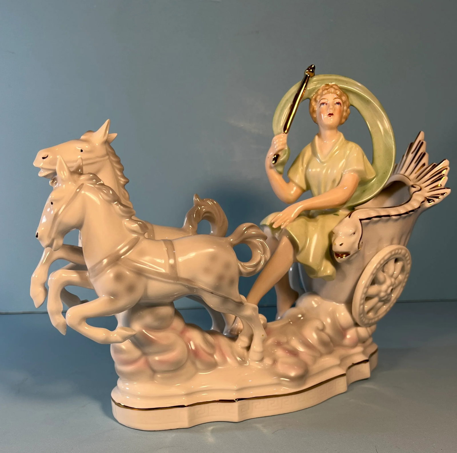 Erphila Germany Porcelain Figurine Lady 2 Horse Chariot Clouds - 10