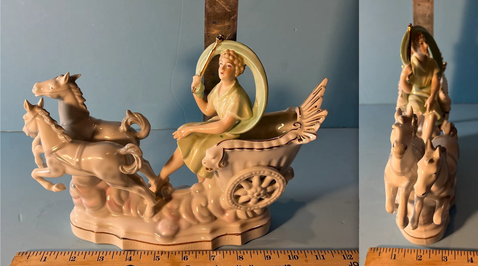 Erphila Germany Porcelain Figurine Lady 2 Horse Chariot Clouds - 12