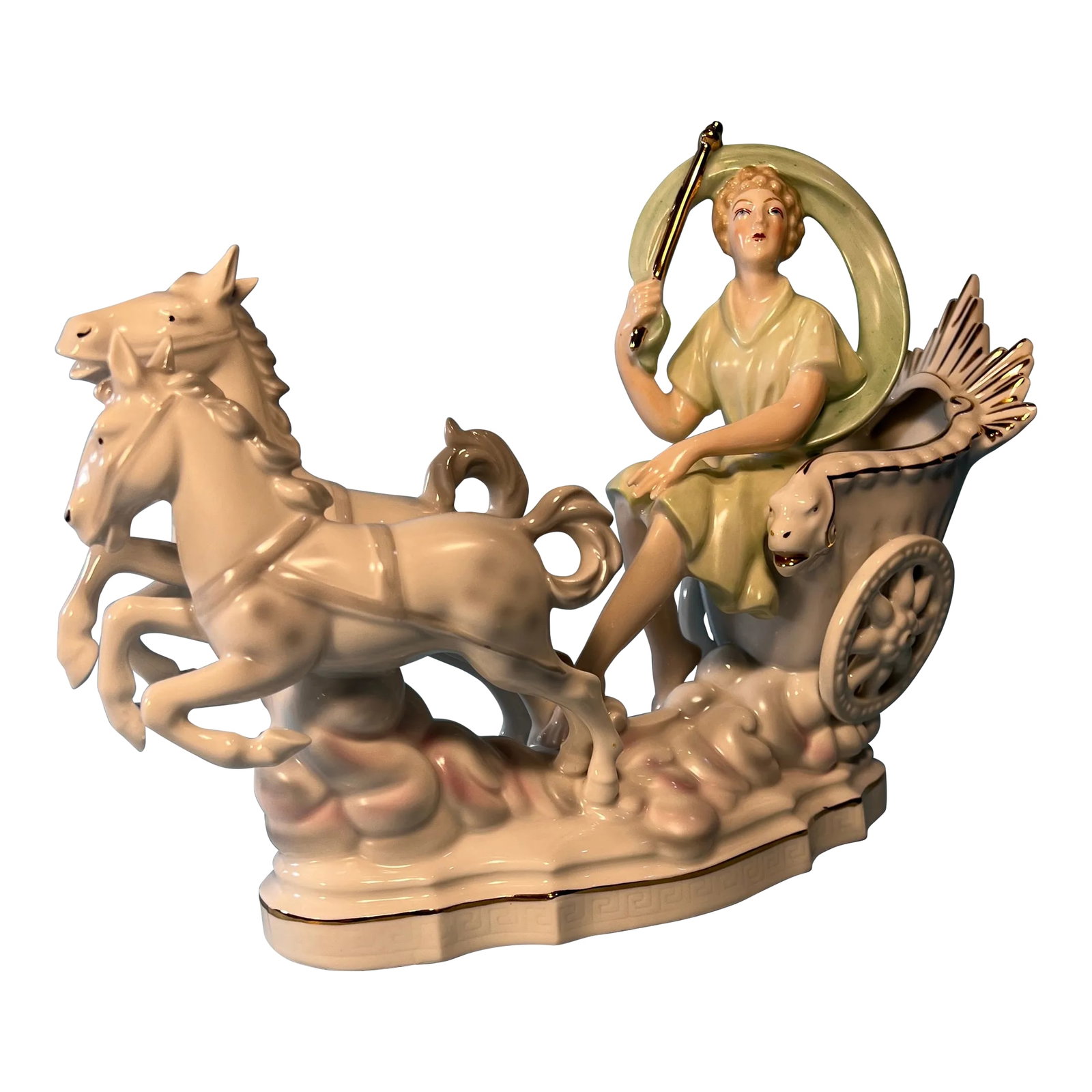 Erphila Germany Porcelain Figurine Lady 2 Horse Chariot Clouds: This exquisite porcelain figurine, meticulously handcrafted in Germany by skilled artisans, was curated by the American Erphila Importers Company (Ebeling & Reuss of Philadelphia). Influenced by