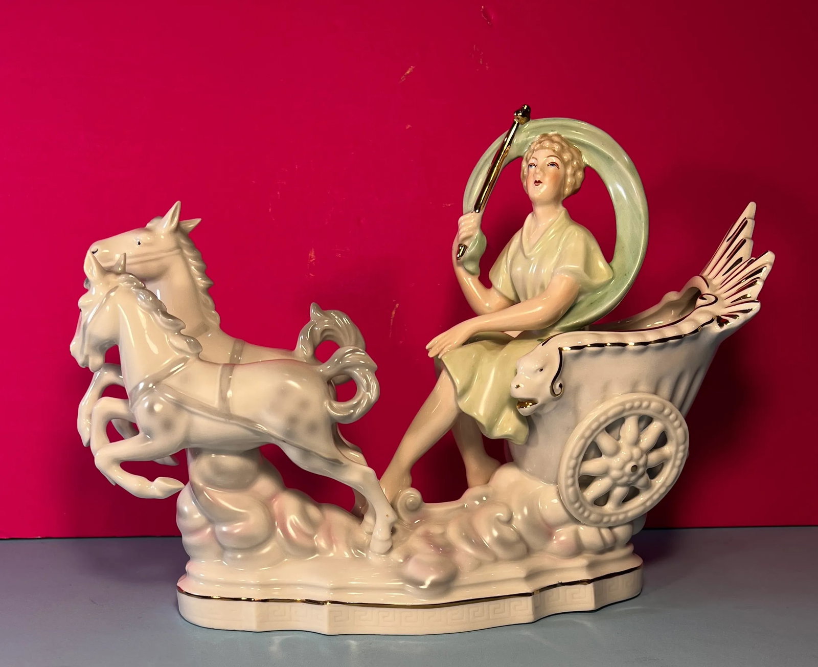 Erphila Germany Porcelain Figurine Lady 2 Horse Chariot Clouds - 2