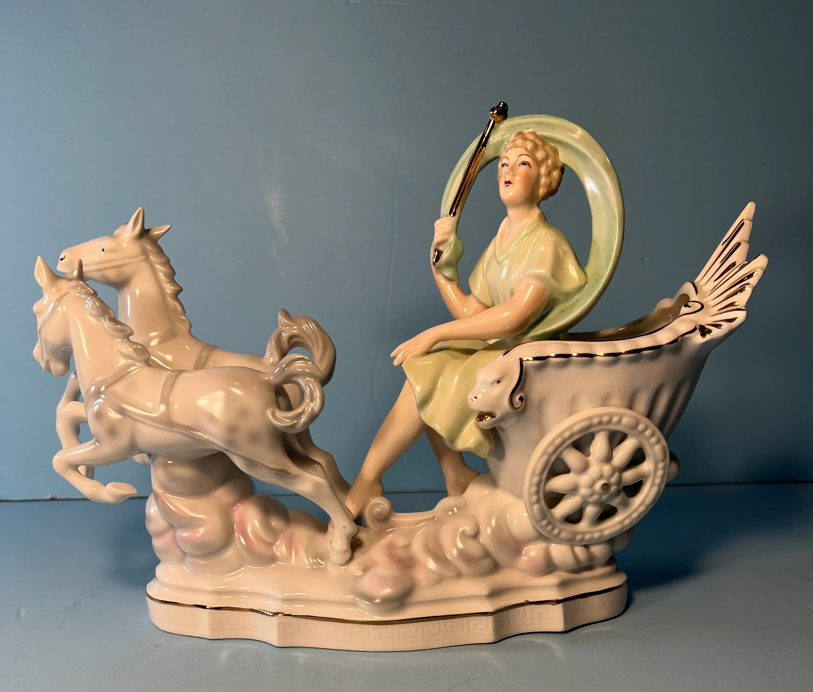 Erphila Germany Porcelain Figurine Lady 2 Horse Chariot Clouds - 4