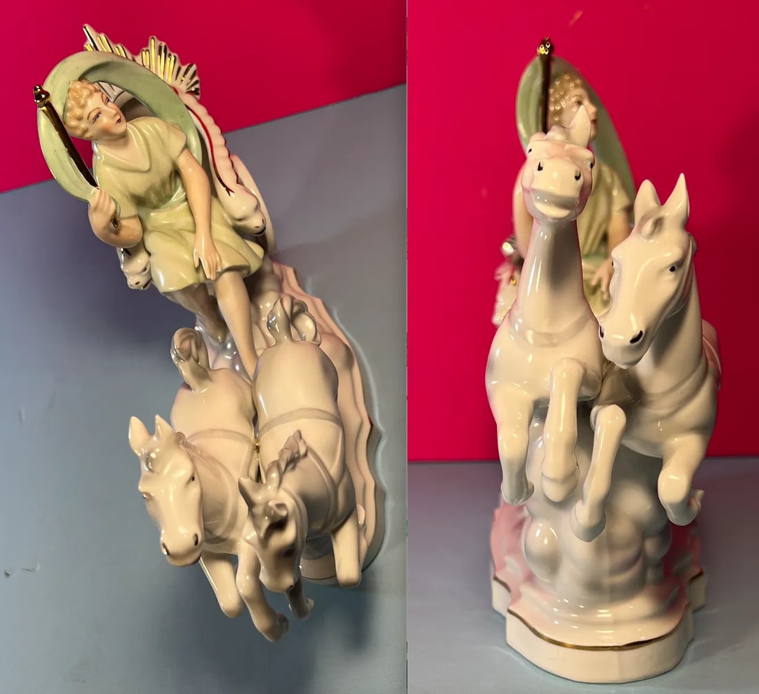 Erphila Germany Porcelain Figurine Lady 2 Horse Chariot Clouds - 5