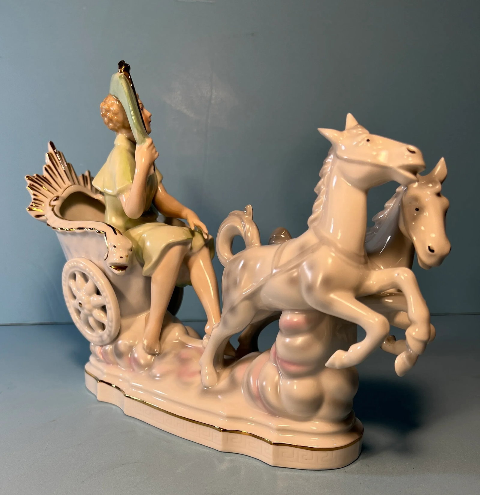 Erphila Germany Porcelain Figurine Lady 2 Horse Chariot Clouds - 7