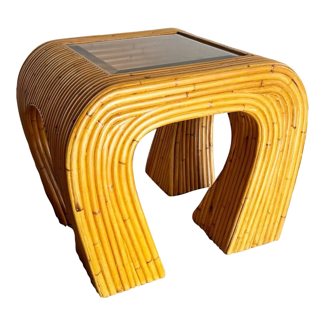 Boho Chic Split Bamboo Waterfall Side Table With Inlaid Smoked Glass: Add a touch of bohemian elegance to your space with the Boho Chic Split Bamboo Waterfall Side Table, featuring inlaid smoked glass. This side table combines the warmth and natural texture of split bam