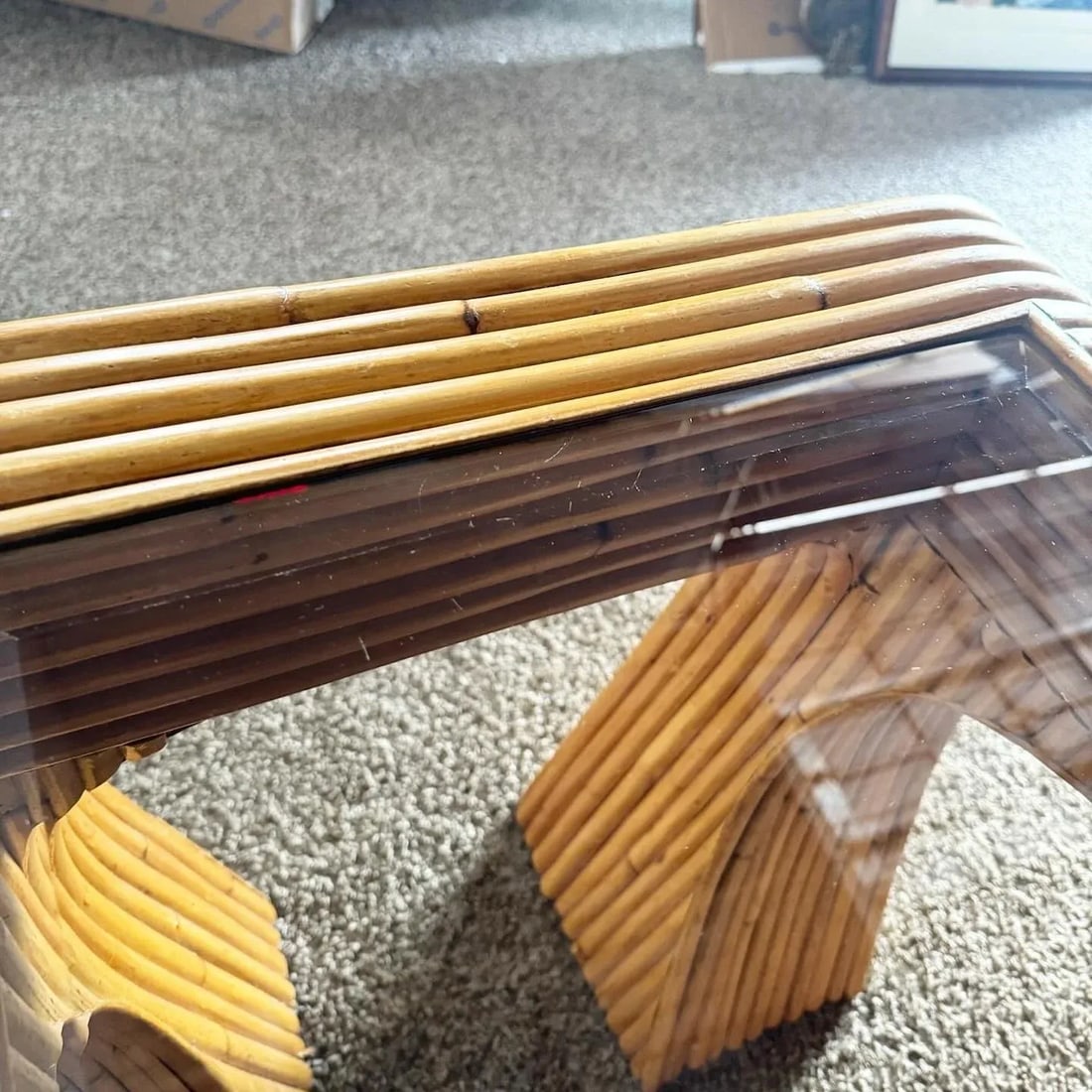 Boho Chic Split Bamboo Waterfall Side Table With Inlaid Smoked Glass - 4