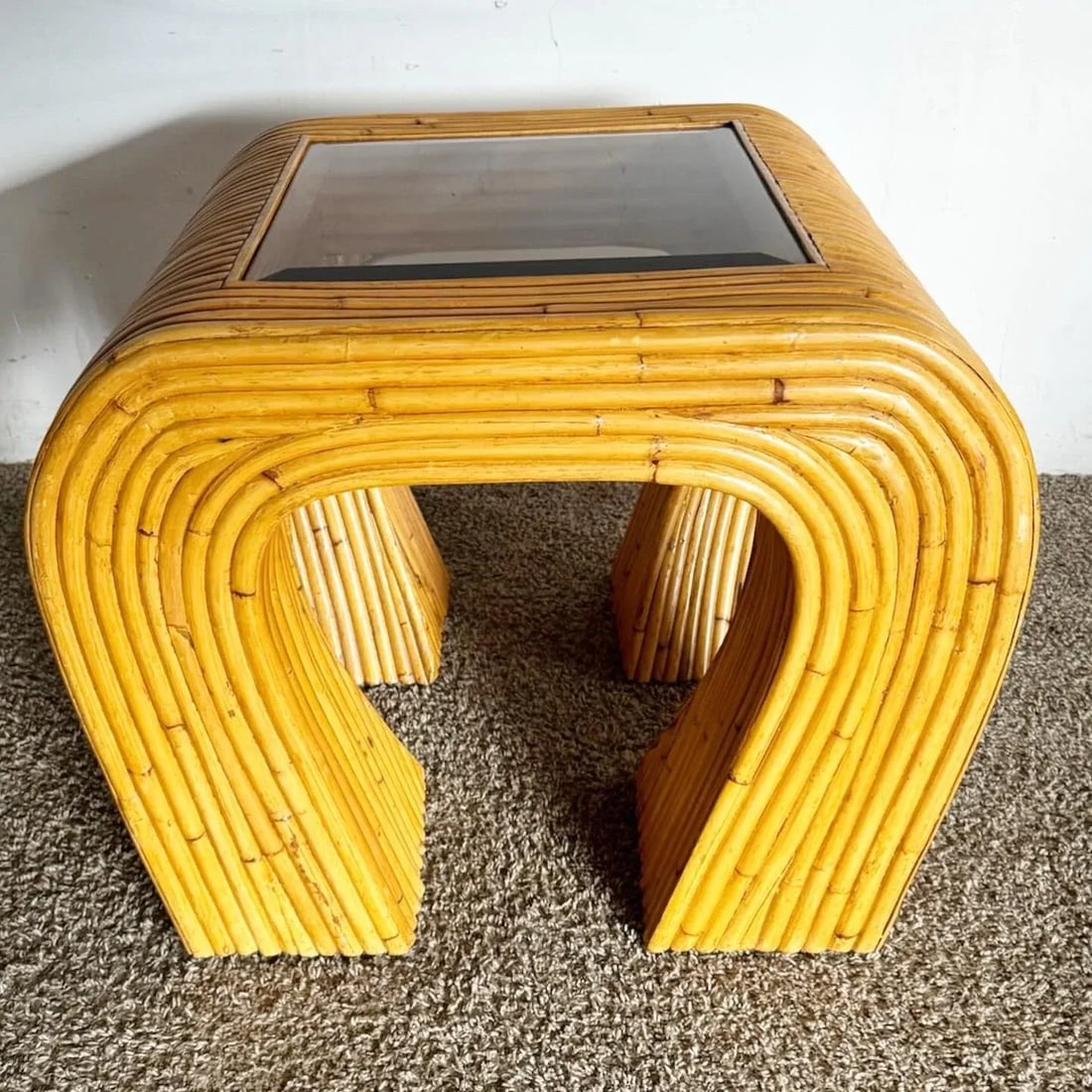 Boho Chic Split Bamboo Waterfall Side Table With Inlaid Smoked Glass - 6