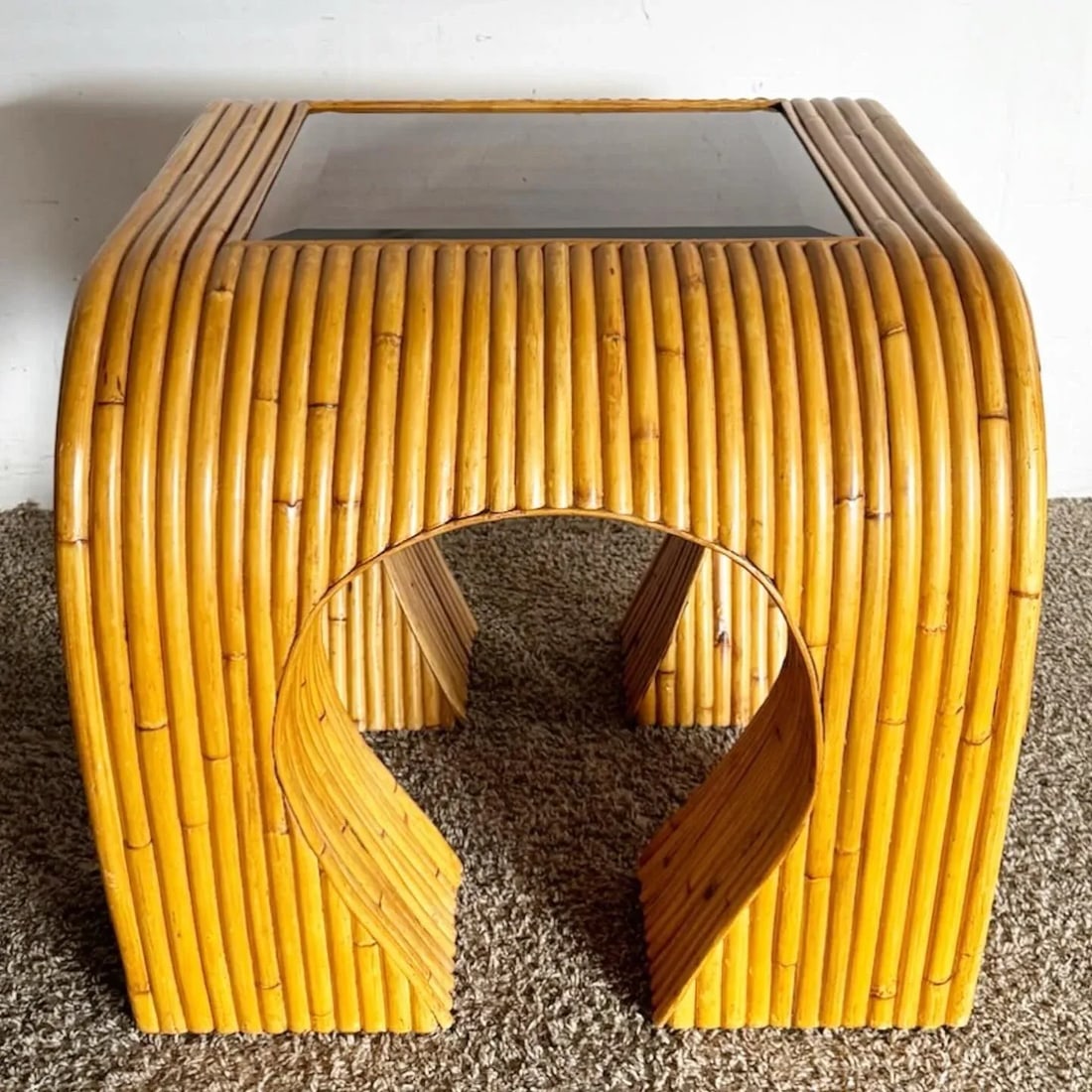Boho Chic Split Bamboo Waterfall Side Table With Inlaid Smoked Glass - 7
