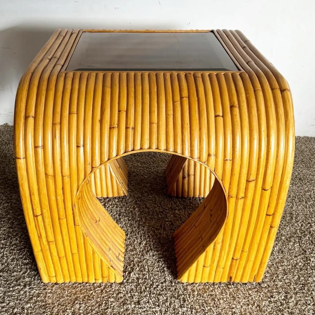 Boho Chic Split Bamboo Waterfall Side Table With Inlaid Smoked Glass - 8