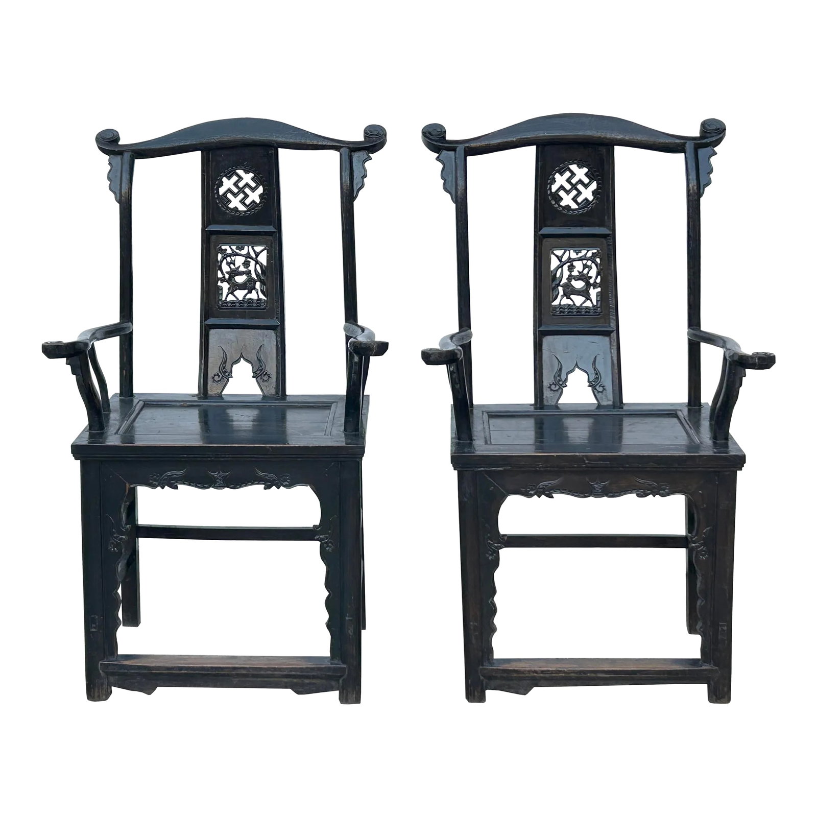 Pair Vintage Chinese Rustic Black Lacquer Deer Motif Yoke-Back Armchairs: Introducing a pair of extraordinary vintage Chinese Yoke-Back Armchairs, resplendent in rustic black lacquer and adorned with intricate deer Tao logo carvings. These chairs not only stand as