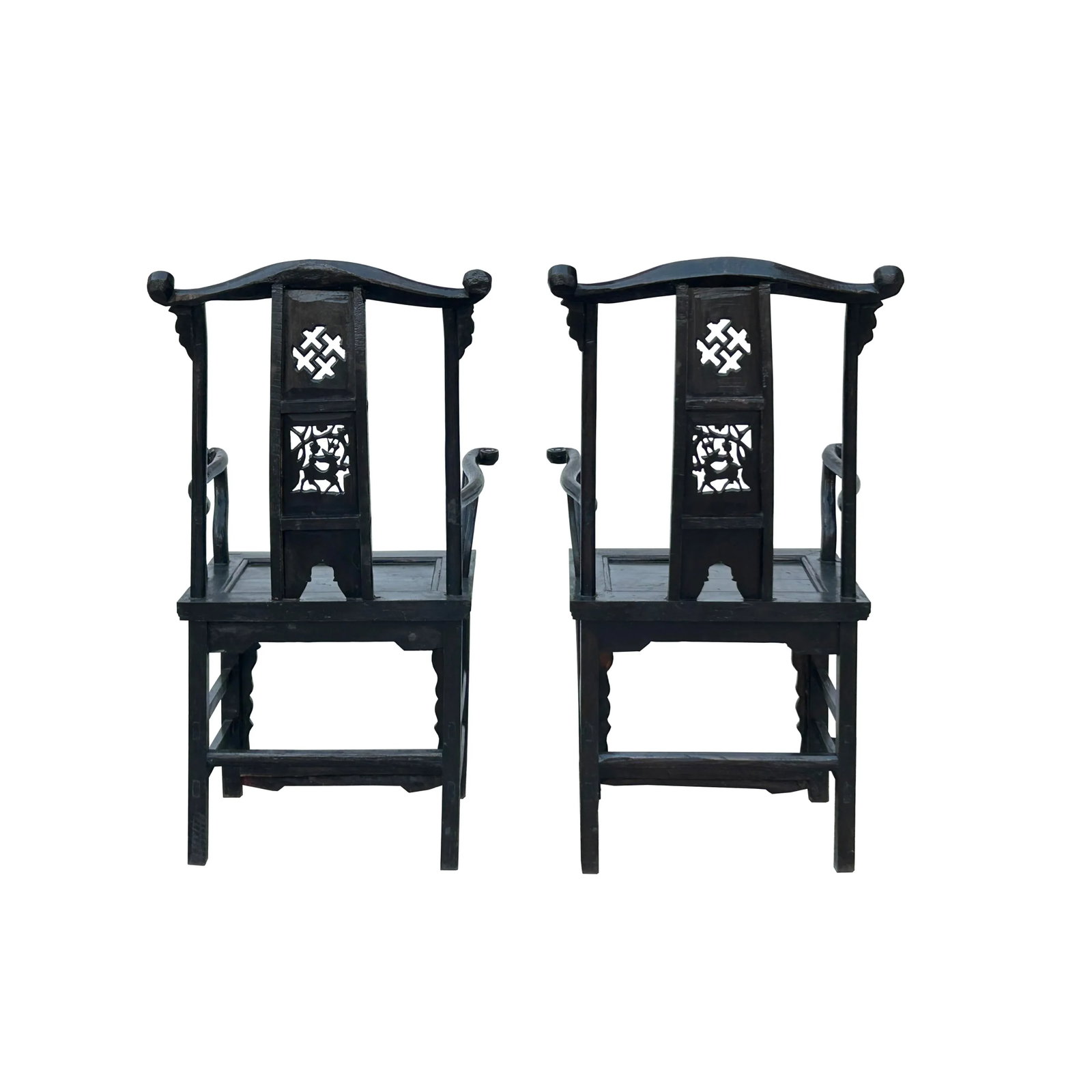 Pair Vintage Chinese Rustic Black Lacquer Deer Motif Yoke-Back Armchairs - 3