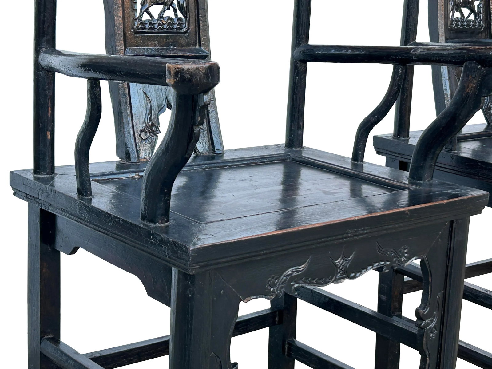 Pair Vintage Chinese Rustic Black Lacquer Deer Motif Yoke-Back Armchairs - 9