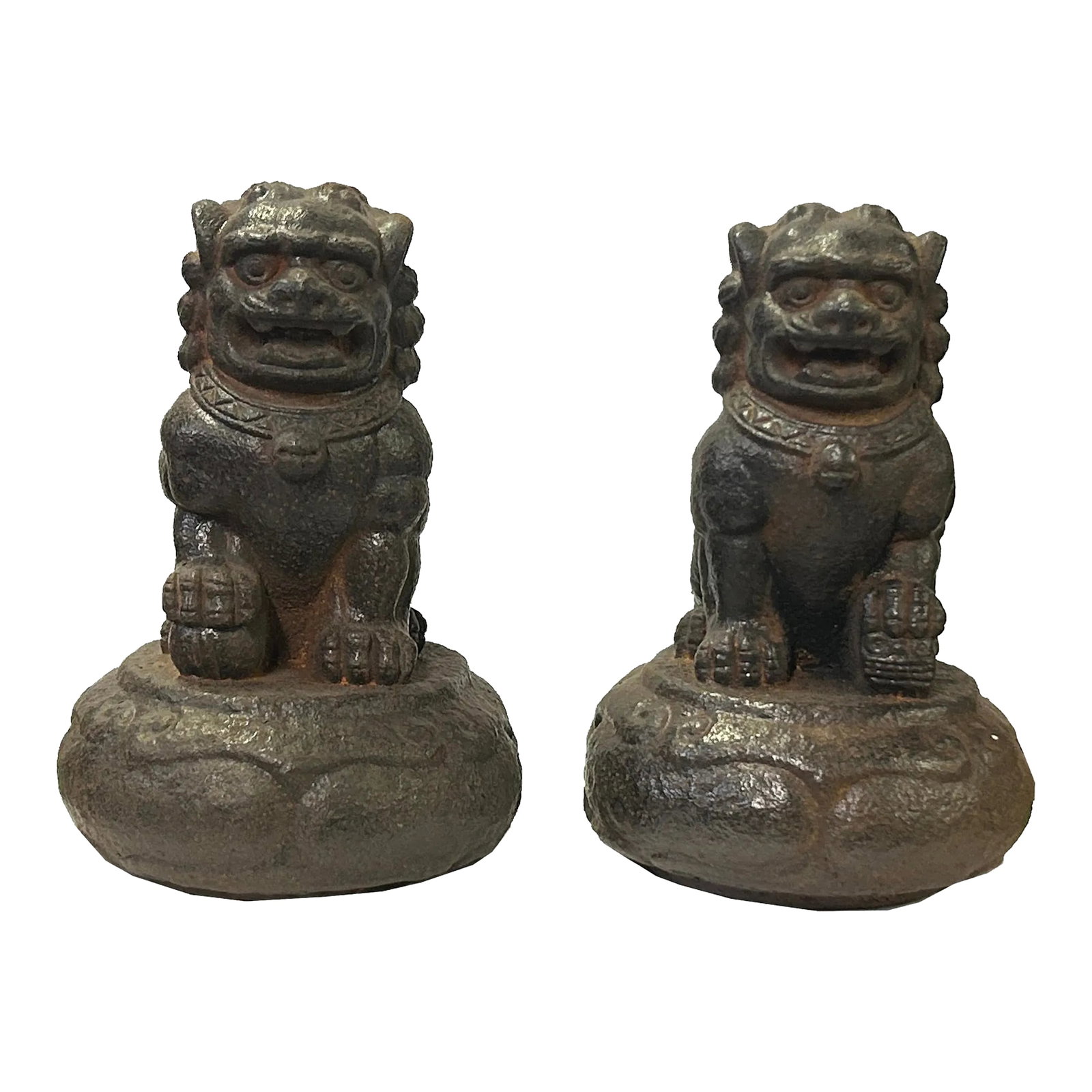 Pair Rustic Chinese Iron Foo Dog Lion on Round Base FengShui Figures: Pair Rustic Chinese Iron Foo Dog Lions on Round Base Feng Shui Figures are exquisite decorative pieces that add a touch of traditional Chinese artistry to any space. Crafted from durable iron, these f