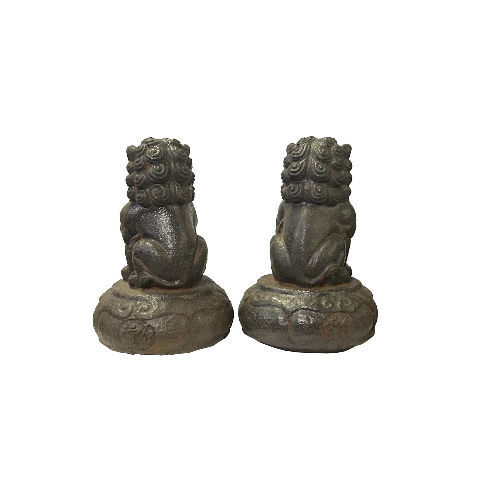 Pair Rustic Chinese Iron Foo Dog Lion on Round Base FengShui Figures - 2