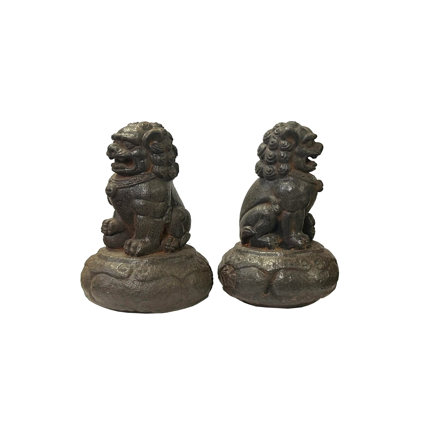 Pair Rustic Chinese Iron Foo Dog Lion on Round Base FengShui Figures - 3