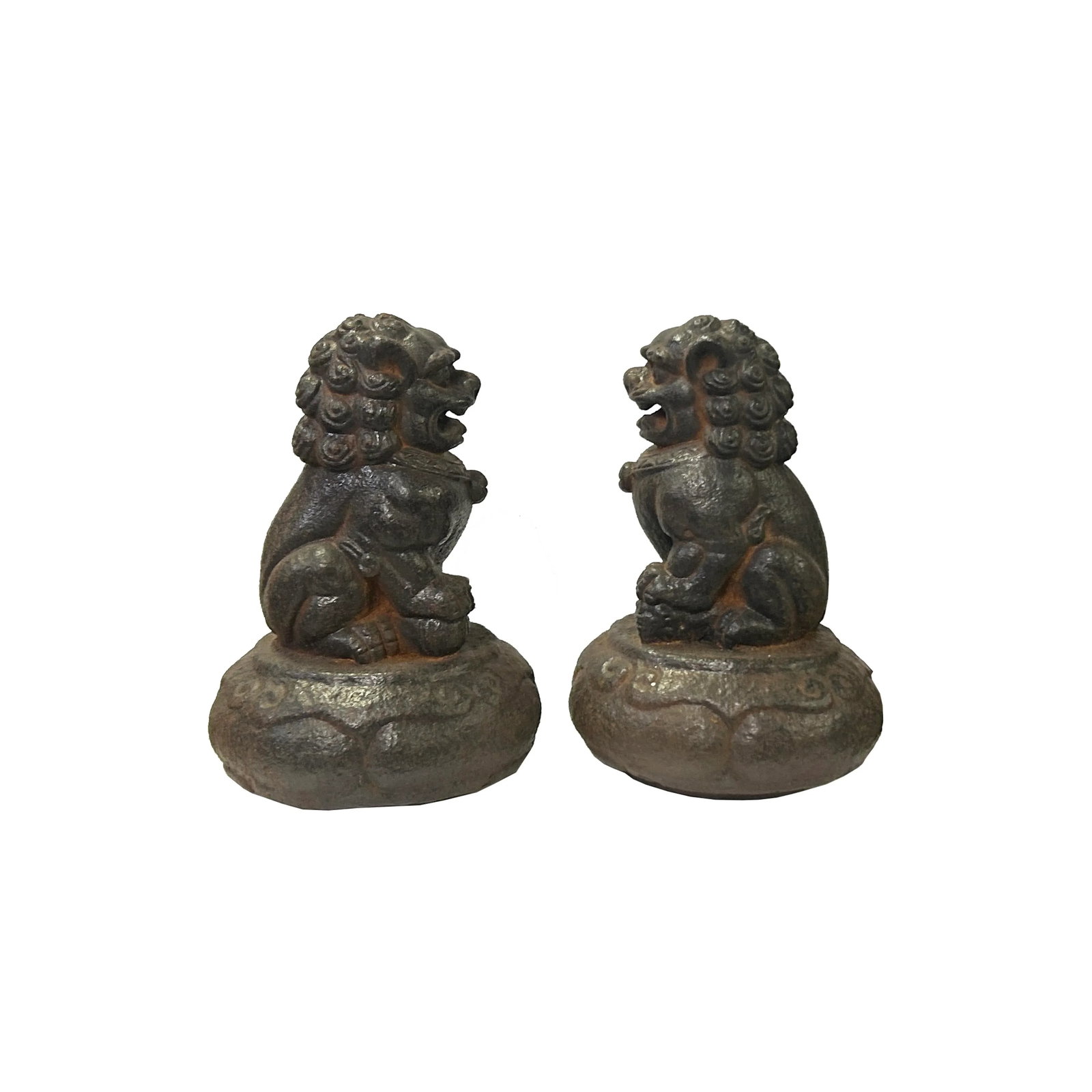 Pair Rustic Chinese Iron Foo Dog Lion on Round Base FengShui Figures - 4